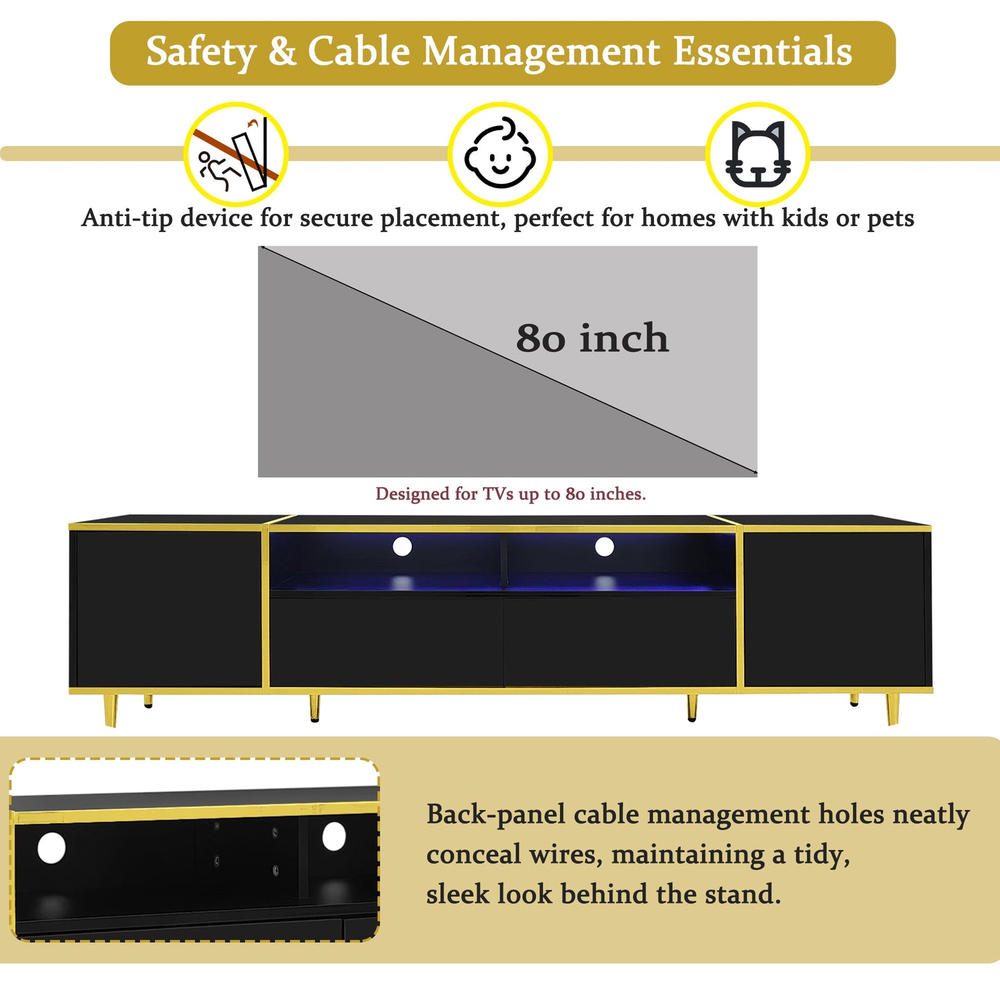 U-Can 70.9'' Modern TV Stand for TVs up to 80 Inches, Entertainment Center with 2 Shelves and LED Lights, TV Storage Cabinet with 2 Drawers, 2 Cabinets and Metal Legs for Living room