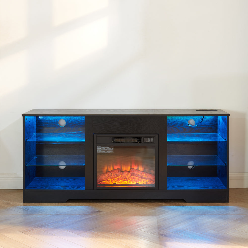 TV Stand Electric Fireplace TV Stand with Glass Shelves, 3D Fireplace TV Stand with LED Lights Wood with USB Charging Outlet Modern Television Table Center for TV up to 32-62' Black 58''W*15.4''D*24.4
