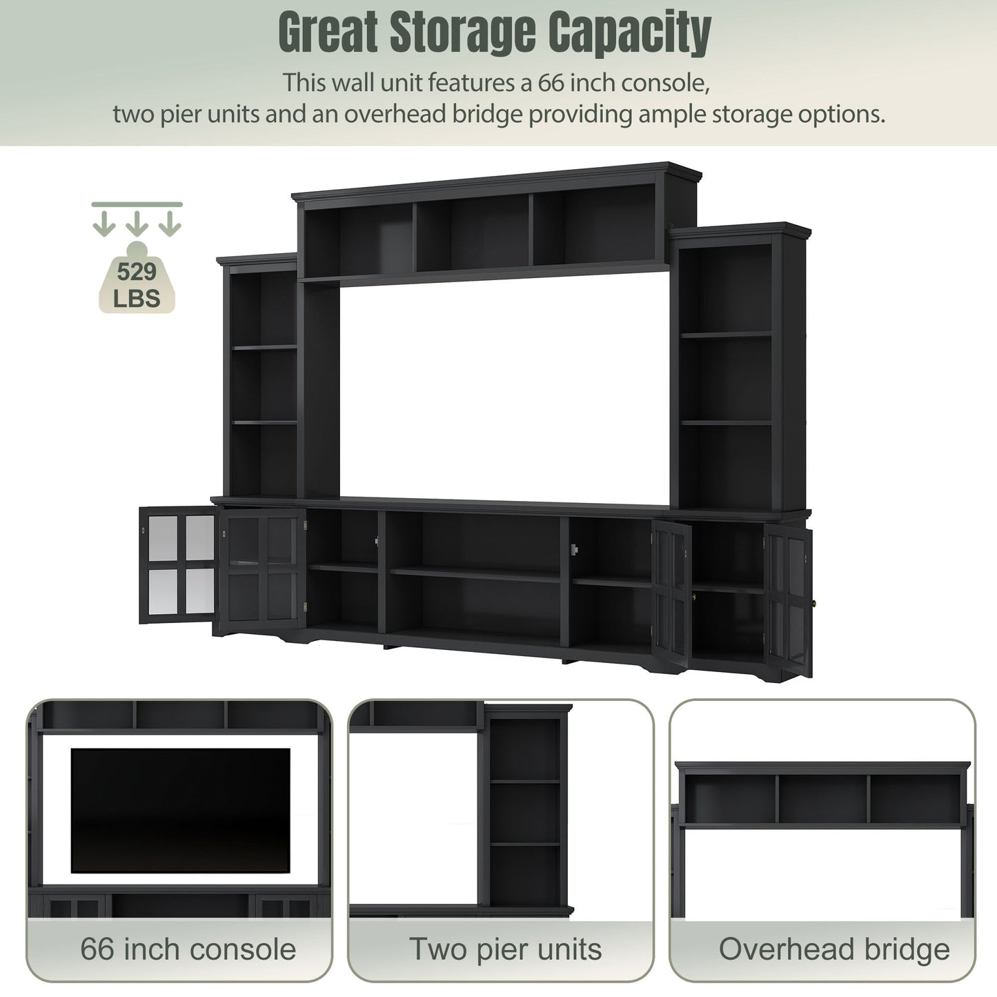 [VIDEO provided] ON-TREND Minimalism Entertainment Wall Unit with Bridge, Modern TV Console Table for TVs Up to 70', Multifunctional TV Stand with Tempered Glass Door, Black (Old SKU: SD000009AAB)