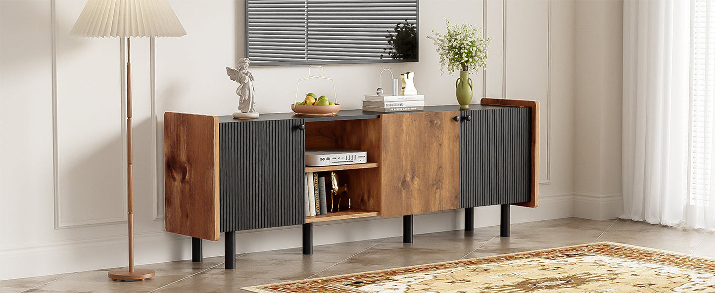 Mid Century TV Stand with 3 Cabinets, Media Console Table for TVs up to 70'', Entertainment Center with Storage for Living room, Bedroom, Black Color Top Panel & Handle