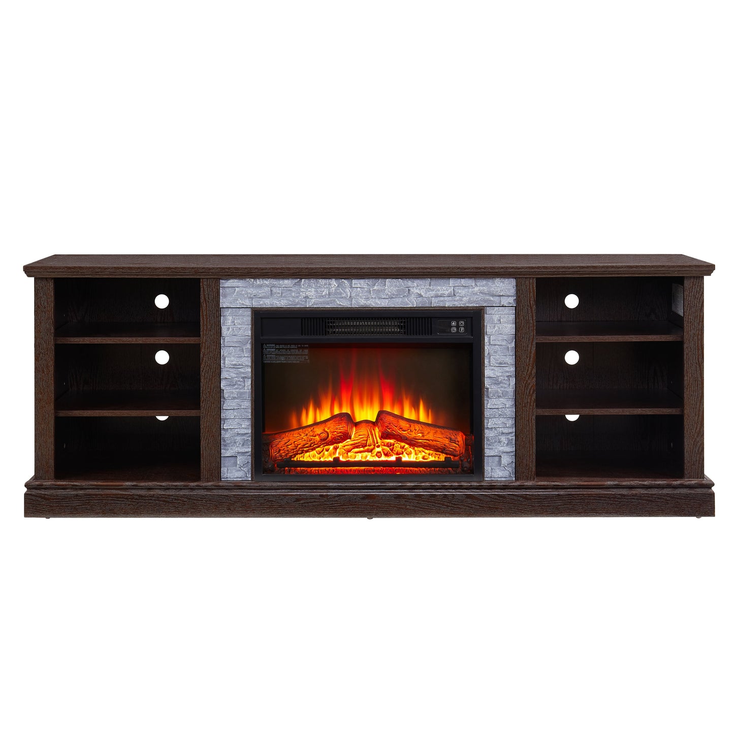Large TV Desk Storage Rack with Faux Stacked Stone Surround,Media Console Table with Large Storage Cabinet,Modern  TV Media Stand with 23' Fireplace Insert,Cherry, 70.12'W*15.35'D*25.83'H