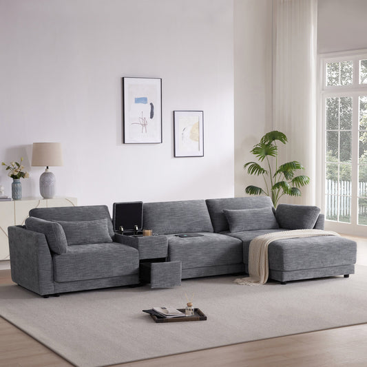 [VIDEO+NEW]124'' Modular Sectional Sofa with Storage Console and Movable Ottoman,33'' Wide Seat,4 Seat L Shaped Chenille Couch,Reversible Comfy Sofa with USB Charger for Living Room,Apartment,2 Colors