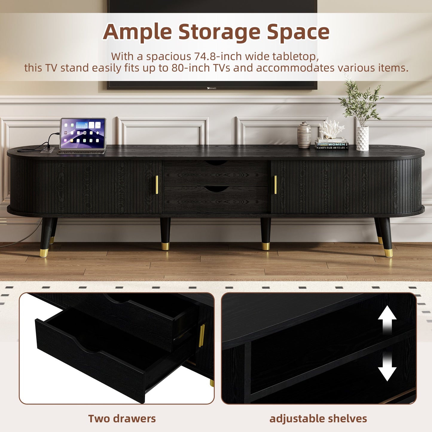 [Assembly Video]Wooden Oval Fluted TV Stand with Charging Station for TV up to 80', Mid-Century Media Console with Sliding Tambour Door, Farmhouse TV Cabinet with Golden Handle for Living Room, Black