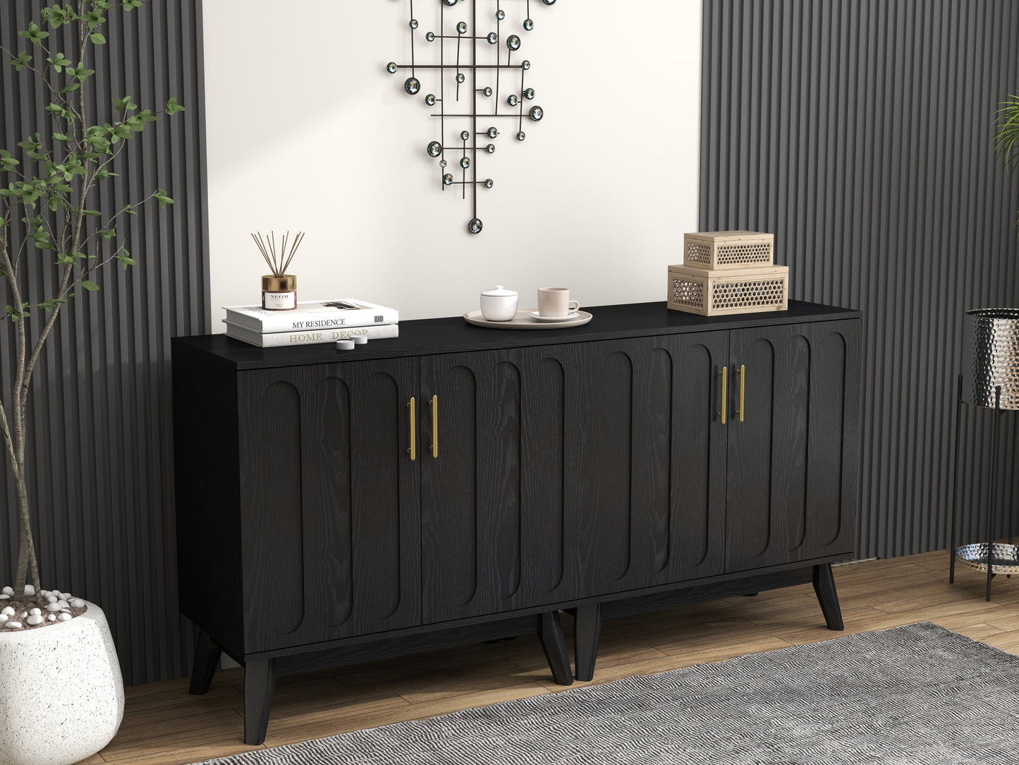 Mid Century Modern Fluted Sideboard Cabinet with Adjustable Shelves & Solid Wood Legs, Buffet Cabinet with Storage, Walnut Storage Cabinet for Living Room, Entryway, Hallway, Dining Room, Kitchen