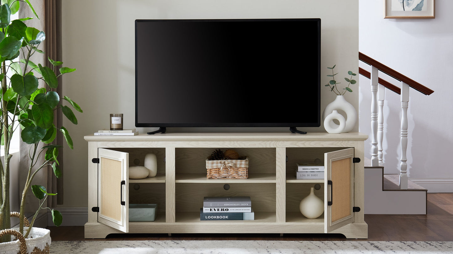 Farmhouse Rattan TV Stand Console Table for TVs up to 70 Inches, TV Console Table with 2 Storage Shelves, 2 Natural Rattan Door Cabinets,65'W*15.55'D*23.86'H, White