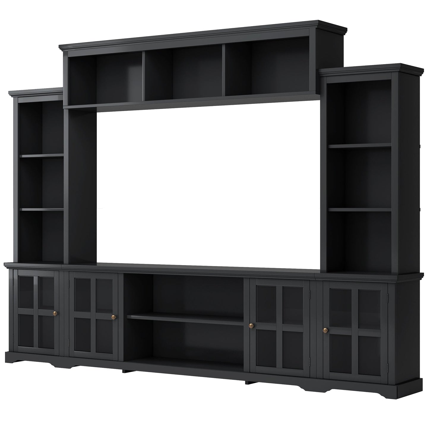 [VIDEO provided] ON-TREND Minimalism Entertainment Wall Unit with Bridge, Modern TV Console Table for TVs Up to 70', Multifunctional TV Stand with Tempered Glass Door, Black (Old SKU: SD000009AAB)