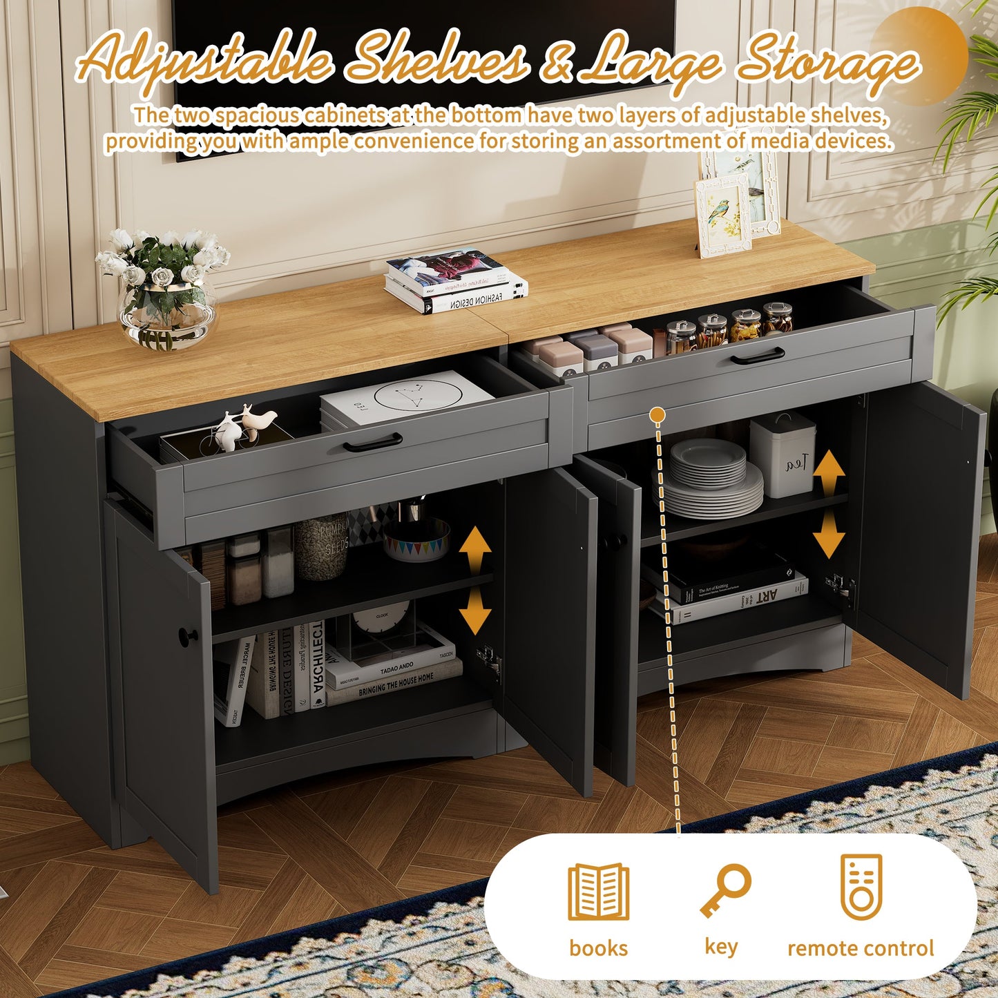 ON-TREND Farmhouse TV Stand with 2 Drawers for TVs Up to 70', Versatile Wood Grain Sideboard with Adjustable Shelves, Mid-Century Buffet Cabinet with Rustic Handles for Living Room/Bedroom, Grey
