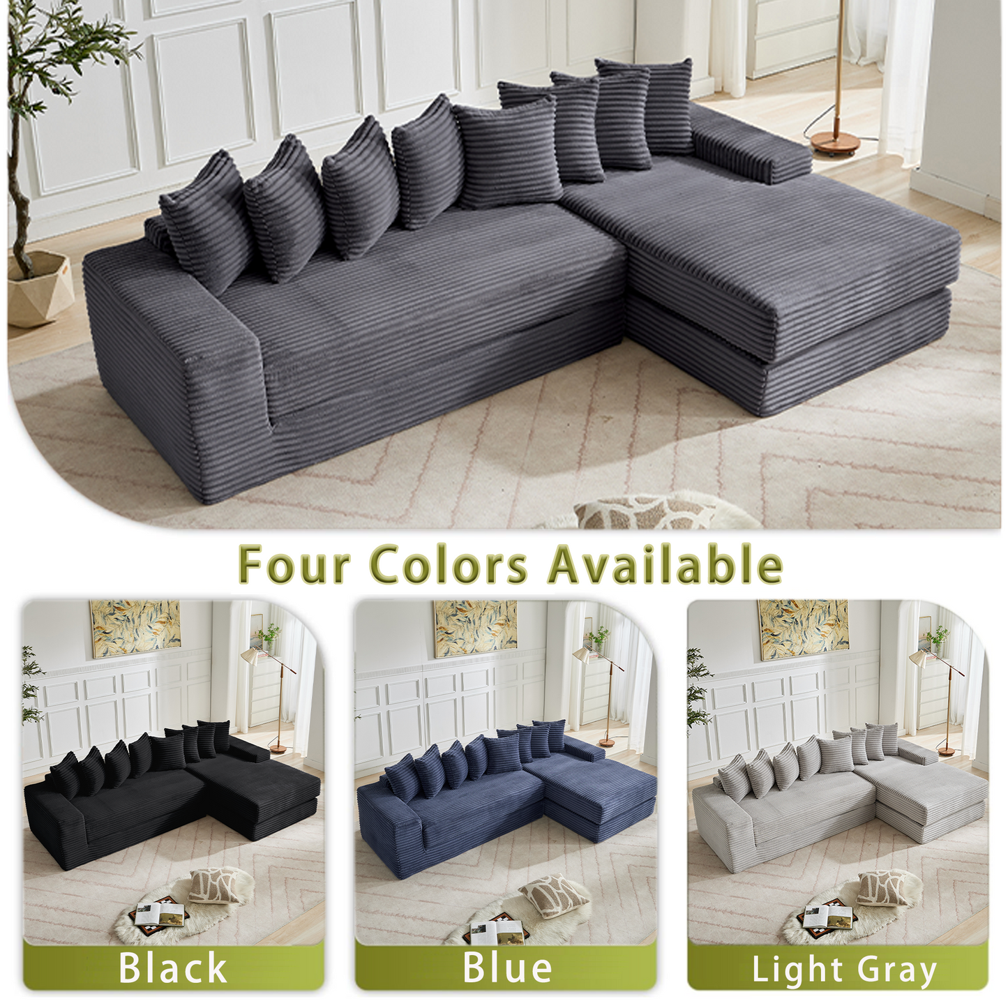 [NEW ARRIVED] [VIDEO PROVIDED] Oversize Cloud Couch, L-Shape Sofa, Convertible Floor Sleeper Sofa Bed, No Assembly ,Eight pillows,3-in-1,Magazine bag,(Right Facing Sofa),3 Seat,Corduroy,Dark Gray