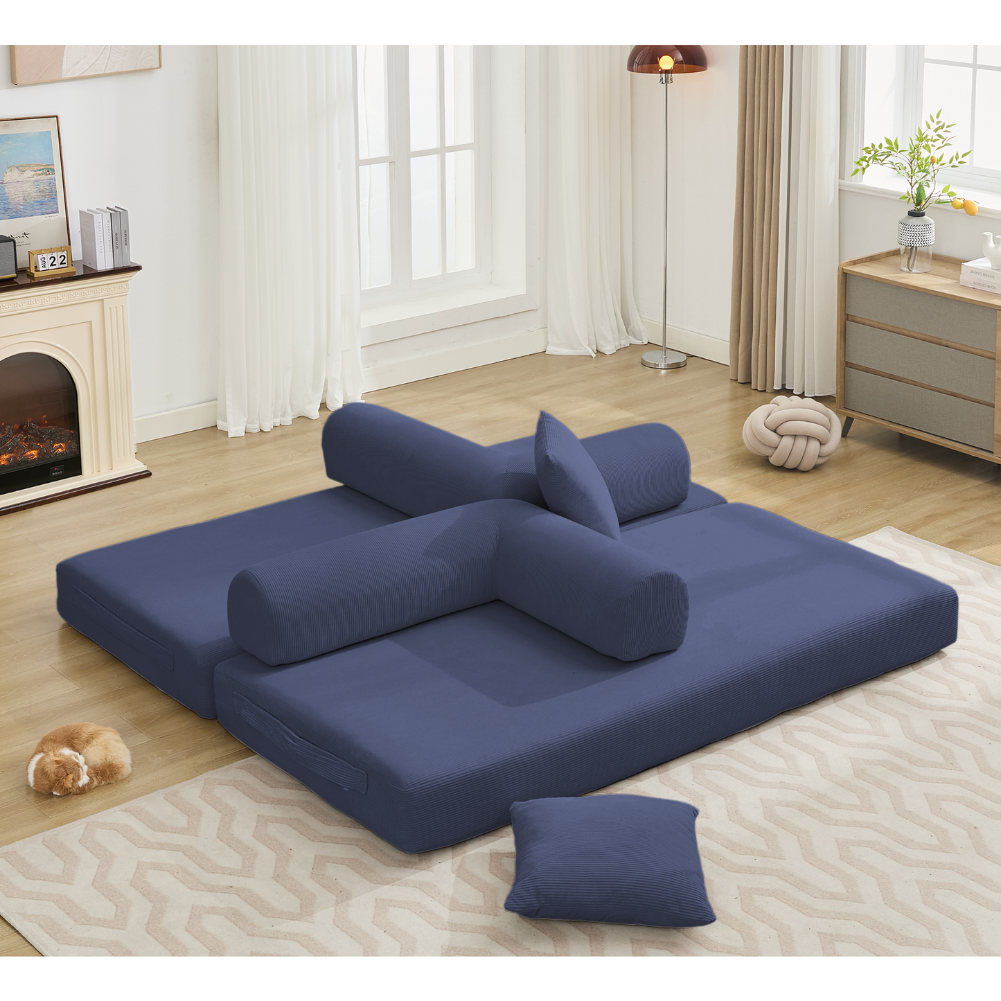 [NEW ARRIVED] [VIDEO PROVIDED] 78.5' Folding Convertible Out Sleeper Sofa Bed,4-in-1 DIY Combination Convertible Sofa,3 seat, Folding Sofa, King Size , Bedroom,Apartment,Corduroy,Blue