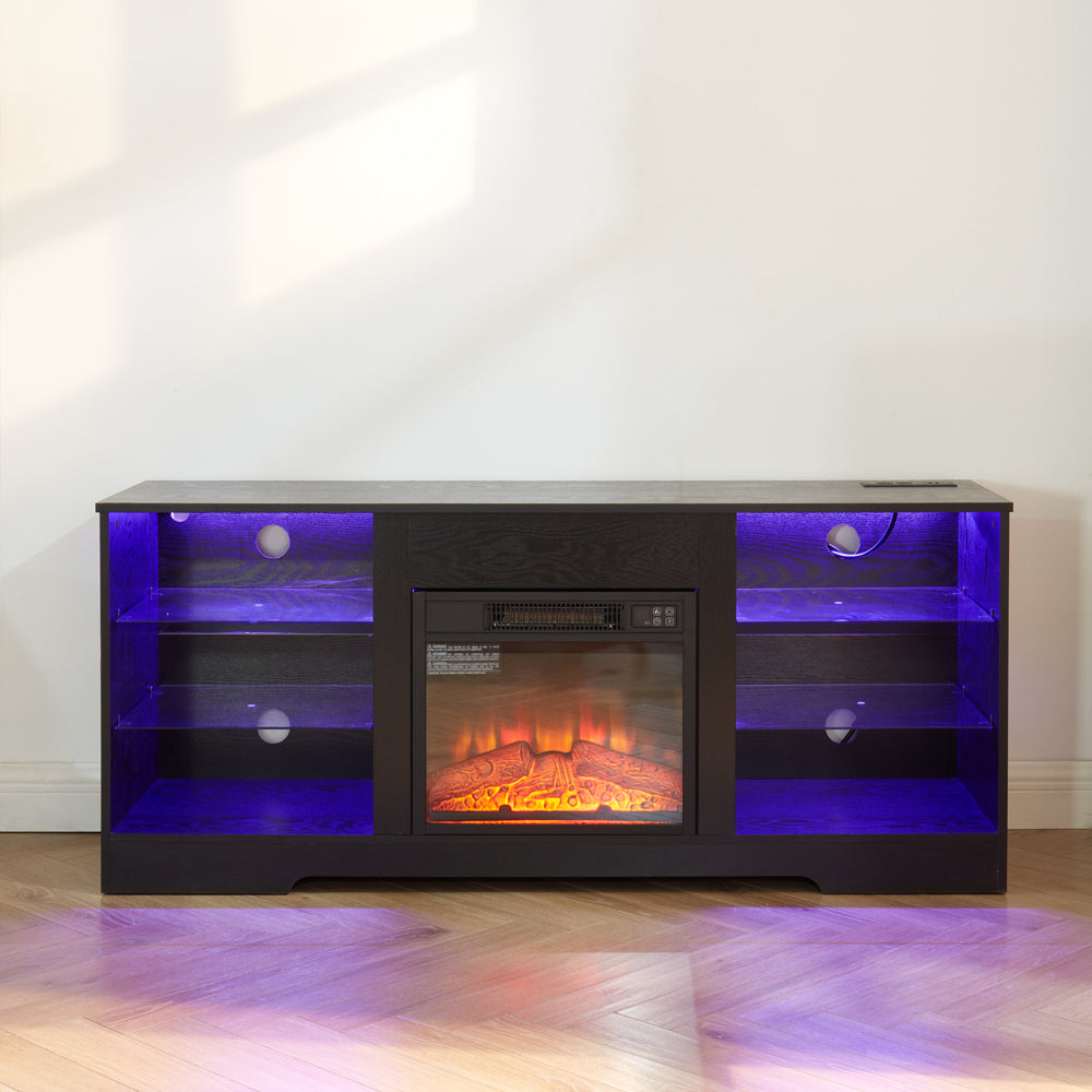 TV Stand Electric Fireplace TV Stand with Glass Shelves, 3D Fireplace TV Stand with LED Lights Wood with USB Charging Outlet Modern Television Table Center for TV up to 32-62' Black 58''W*15.4''D*24.4