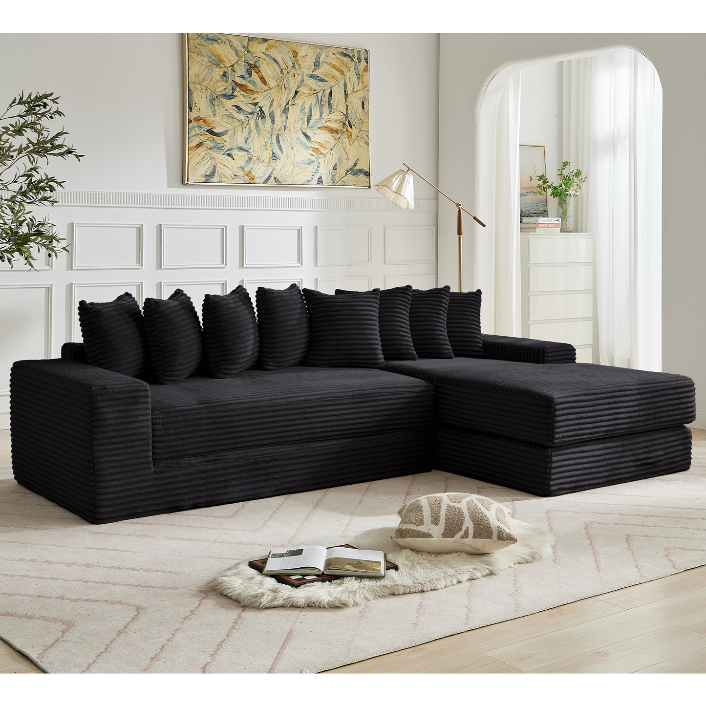 [NEW ARRIVED] [VIDEO PROVIDED] Oversize Cloud Sectional Couch, L-Shape Sofa, Convertible Floor Sleeper Sofa Bed, No Assembly,Eight pillows,3-in-1,Magazine bag,(Right Facing Sofa),3 Seat,Corduroy,Black