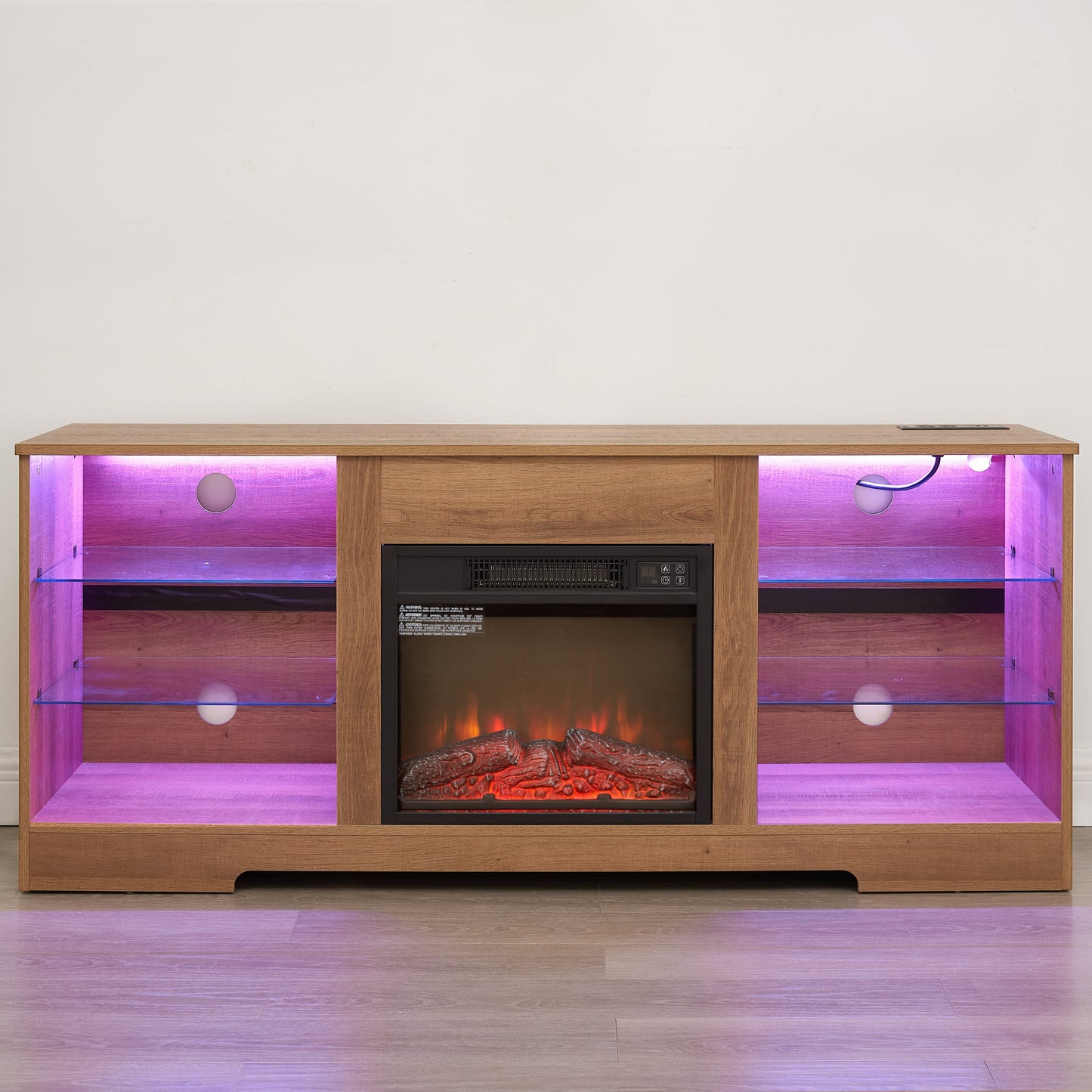 TV Stand Electric Fireplace TV Stand with Glass Shelves, 3D Fireplace TV Stand with LED Lights Wood with USB Charging Outlet Modern Television Table Center for TV up to 32-62' OAK 58'W*15.4''D*24.4