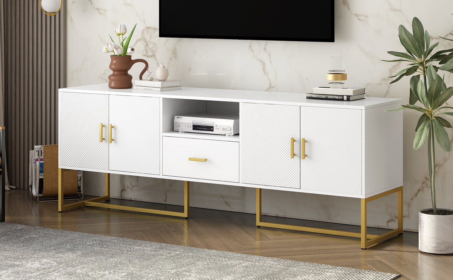 U-Can Modern TV Stand for TV up to 70 Inches,TV Cabinet with 1 Drawer, 2 Cabinets and Metal Legs, Handles and Anti-tip Device for Living room