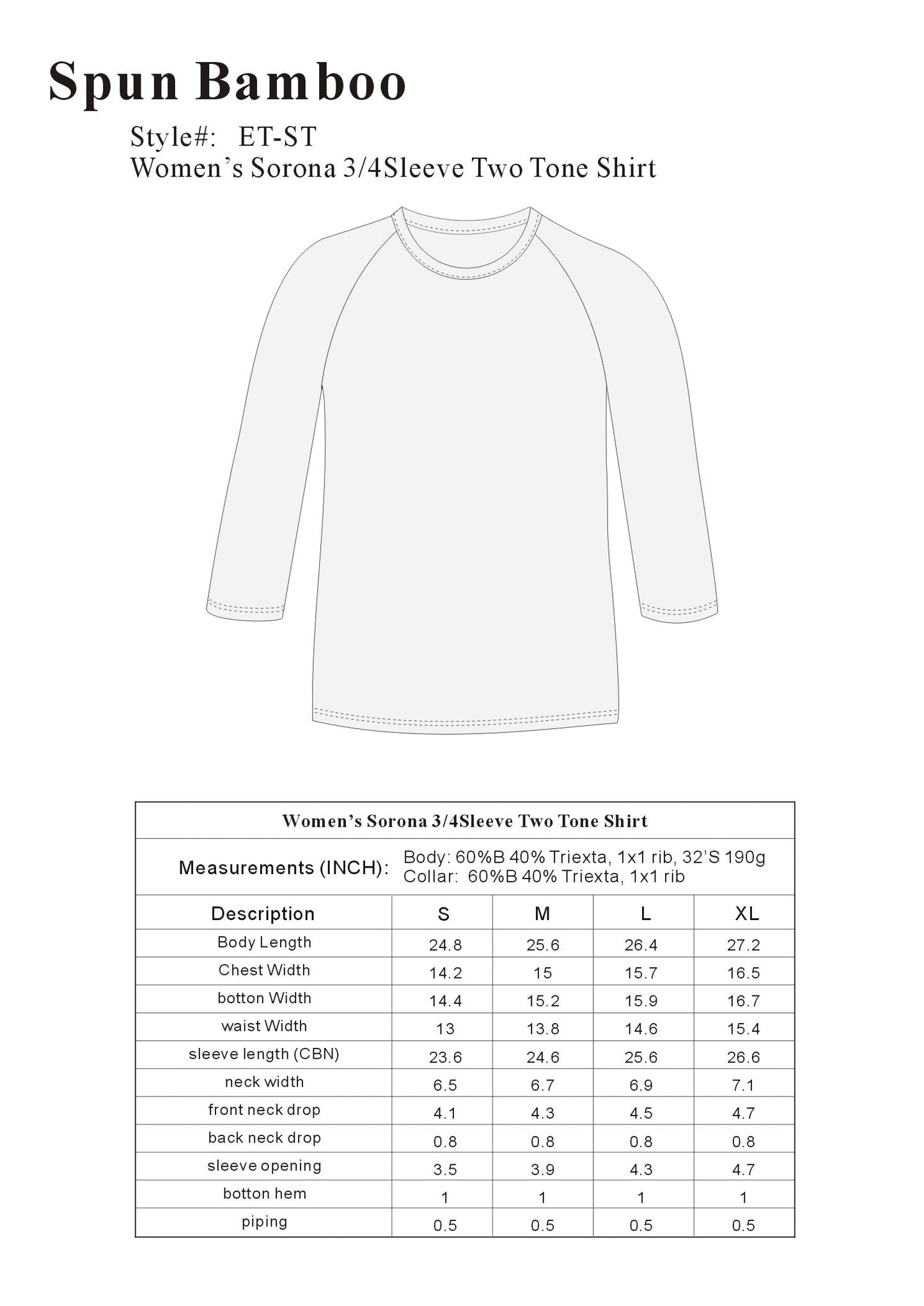 Women's Bamboo Viscose/Sorona 3/4 Sleeve T-Shirt