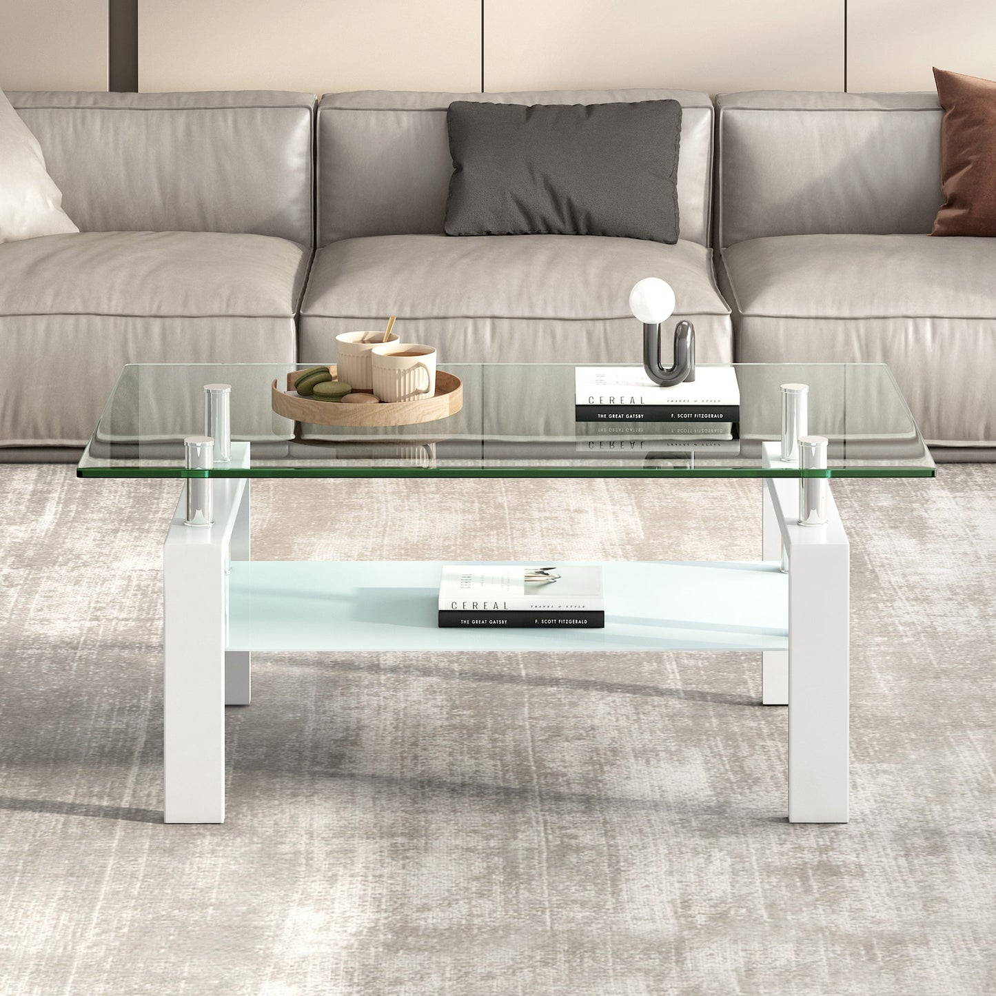 Luxury Modern Tempered Clear Glass Coffee Table with 2-Layers and Solid MDF Frame for Living Room