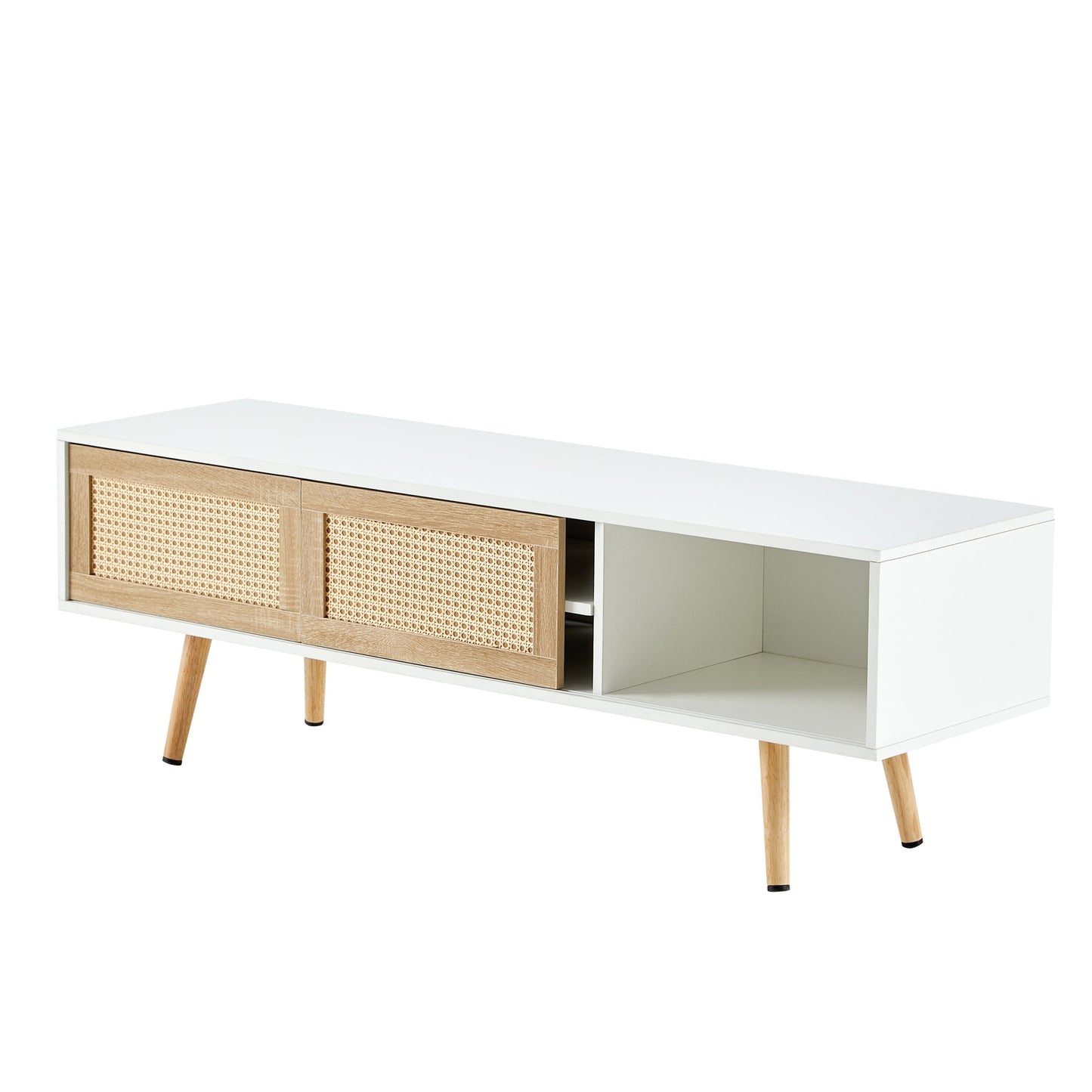Modern Rattan TV Cabinet with Double Sliding Doors, Adjustable Shelf, Solid Wood Legs, White, 55.12 inches
