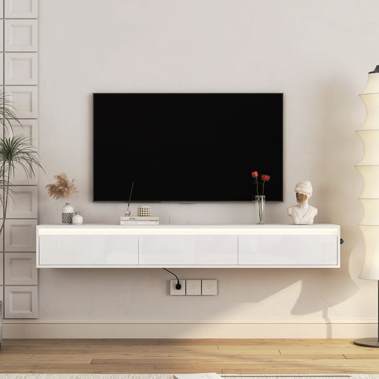 Floating TV Stand, Wall Mounted TV Shelf with Led Lights & Power Outlet,High Gloss TV Cabinet for tv Stands for Living Room