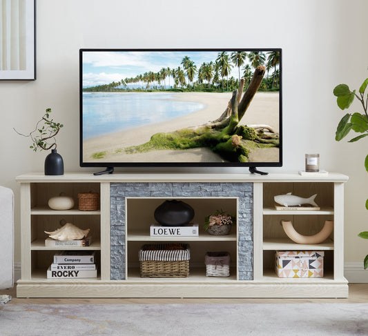 Large TV Desk Storage Rack with Faux Stacked Stone Surround,Media Console Table with Large Storage Cabinet,Modern TV Media Entertaionment Stand,WHITE, 70.12'W*15.35'D*25.83'H