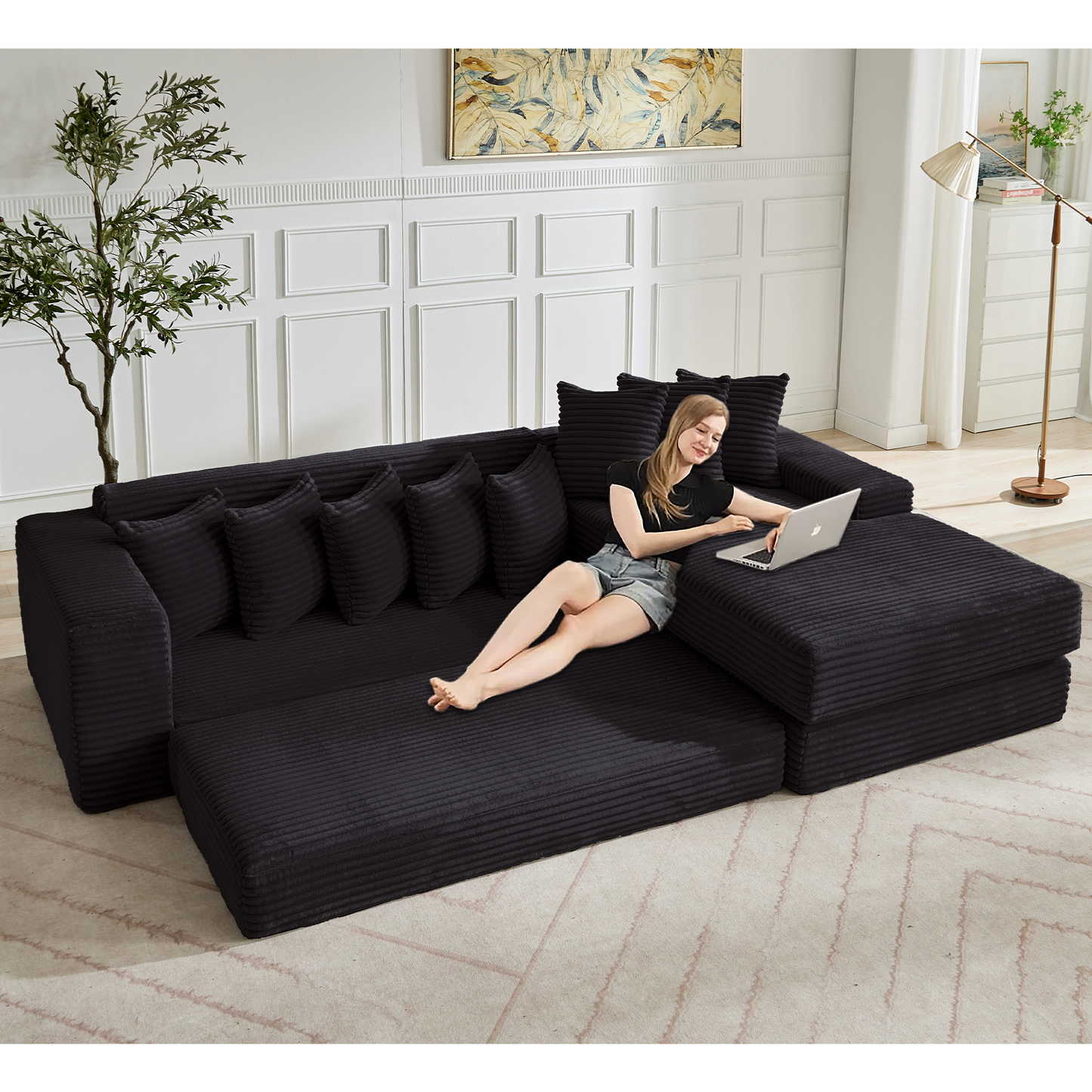 [NEW ARRIVED] [VIDEO PROVIDED] Oversize Cloud Sectional Couch, L-Shape Sofa, Convertible Floor Sleeper Sofa Bed, No Assembly,Eight pillows,3-in-1,Magazine bag,(Right Facing Sofa),3 Seat,Corduroy,Black
