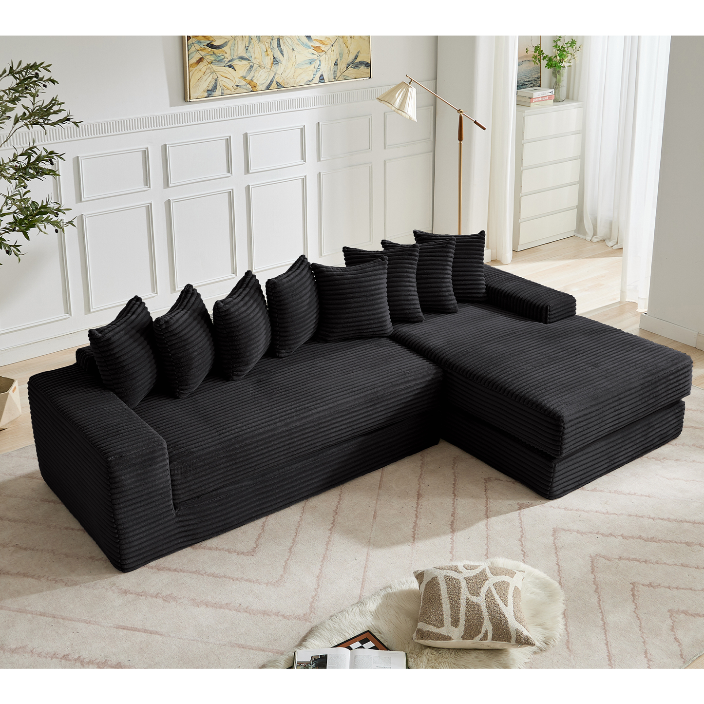 [NEW ARRIVED] [VIDEO PROVIDED] Oversize Cloud Sectional Couch, L-Shape Sofa, Convertible Floor Sleeper Sofa Bed, No Assembly,Eight pillows,3-in-1,Magazine bag,(Right Facing Sofa),3 Seat,Corduroy,Black