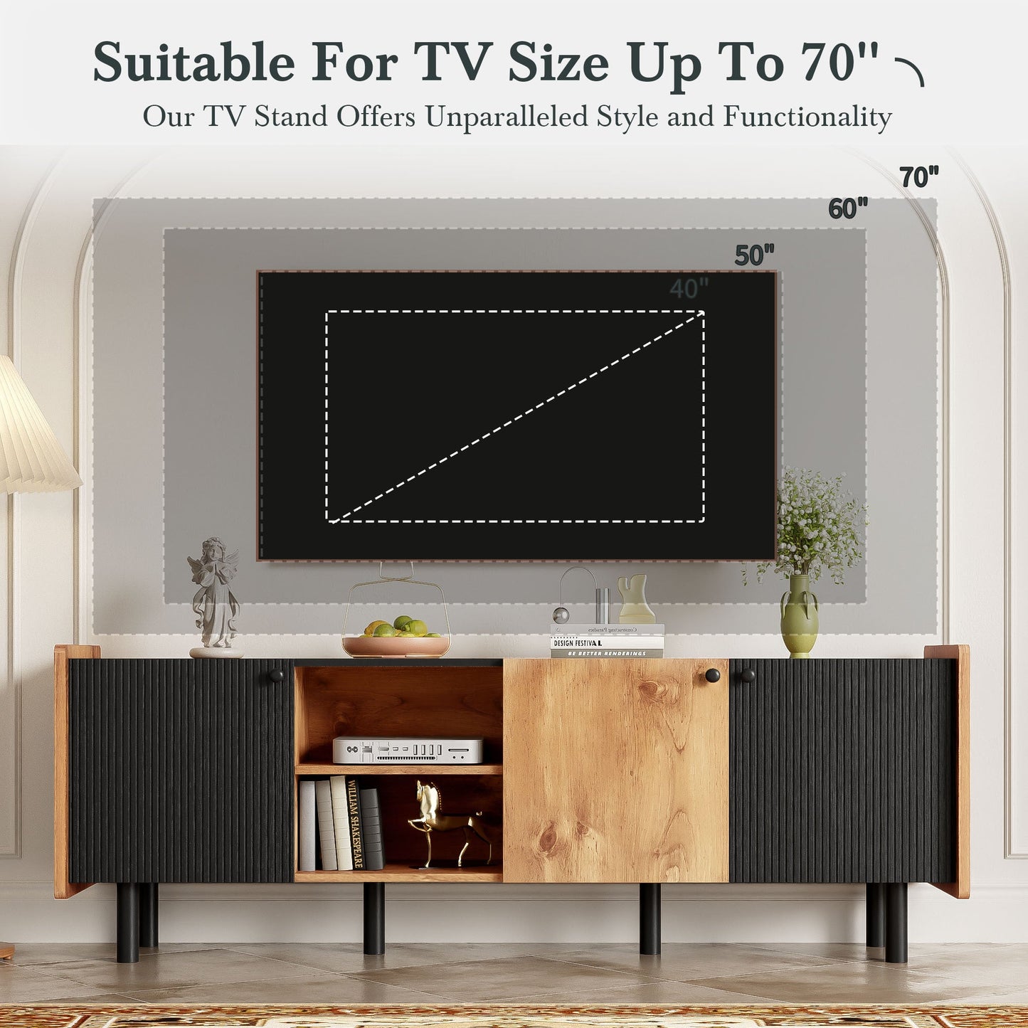 Mid Century TV Stand with 3 Cabinets, Media Console Table for TVs up to 70'', Entertainment Center with Storage for Living room, Bedroom, Black Color Top Panel & Handle