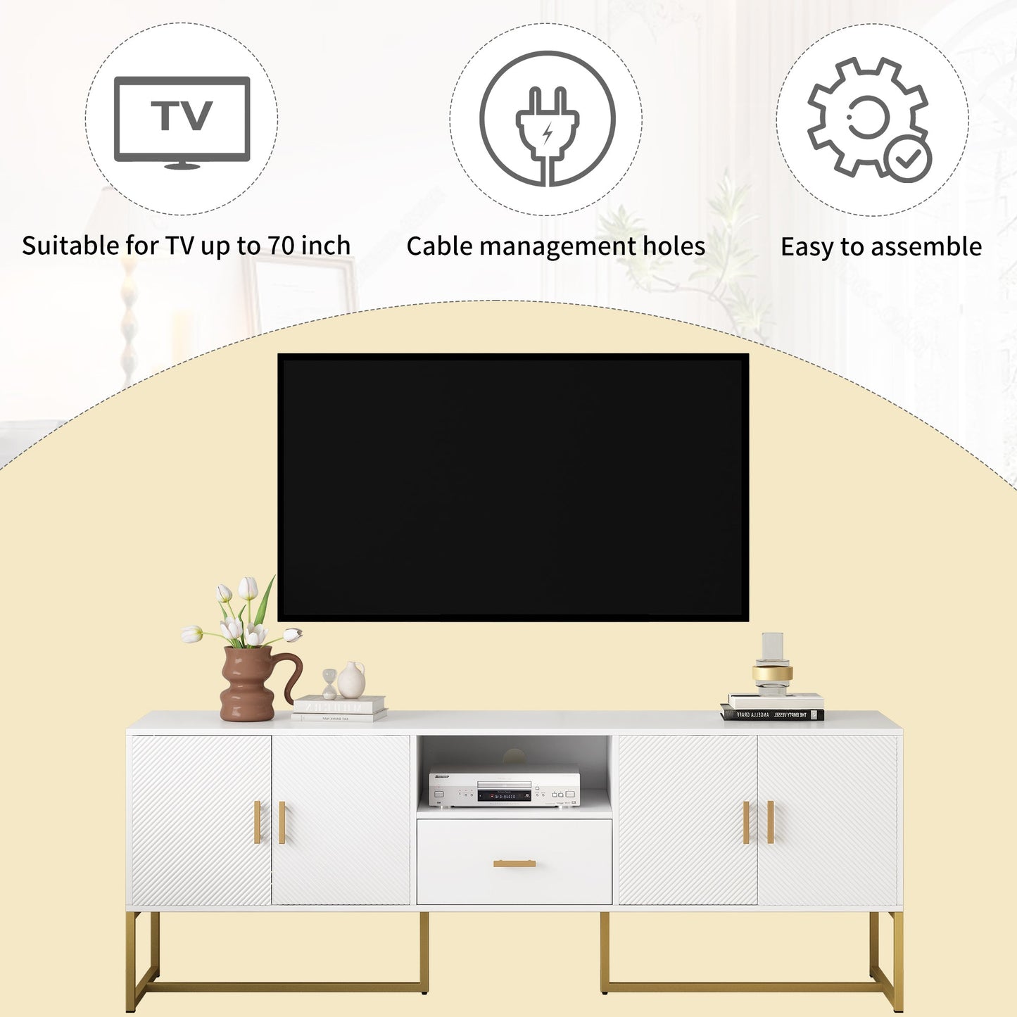 U-Can Modern TV Stand for TV up to 70 Inches,TV Cabinet with 1 Drawer, 2 Cabinets and Metal Legs, Handles and Anti-tip Device for Living room