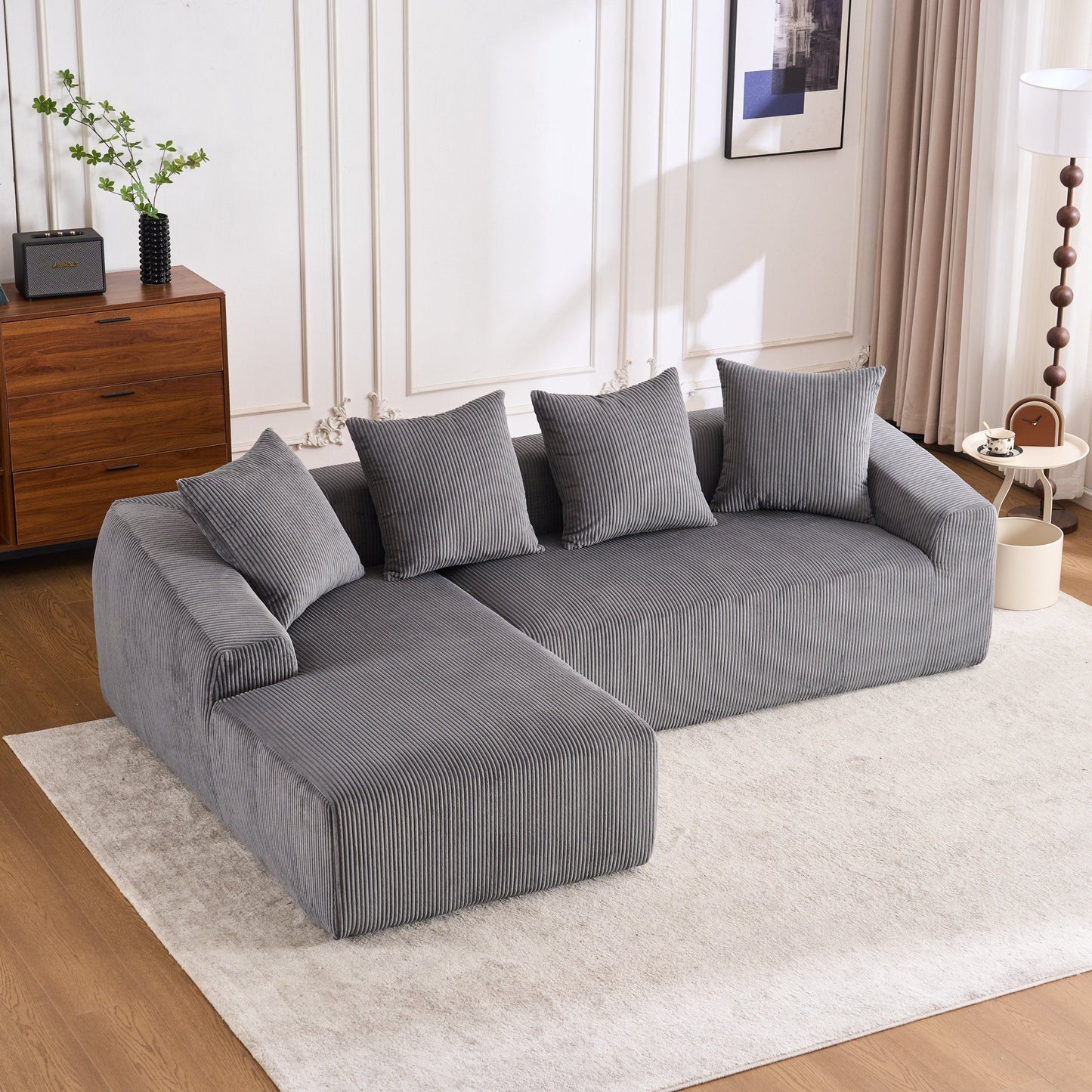 LY-023 Grey Compression Sofa: Corduroy Fabric, Chaise Longue and 3-Seater Combination with 4 Pillows
