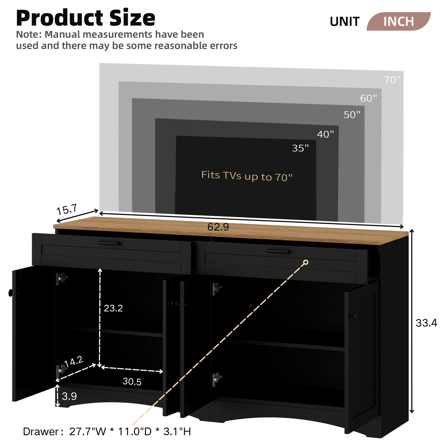 ON-TREND Farmhouse TV Stand with 2 Drawers for TVs Up to 70', Versatile Wood Grain Sideboard with Adjustable Shelves, Mid-Century Buffet Cabinet with Rustic Handles for Living Room/Bedroom, Black