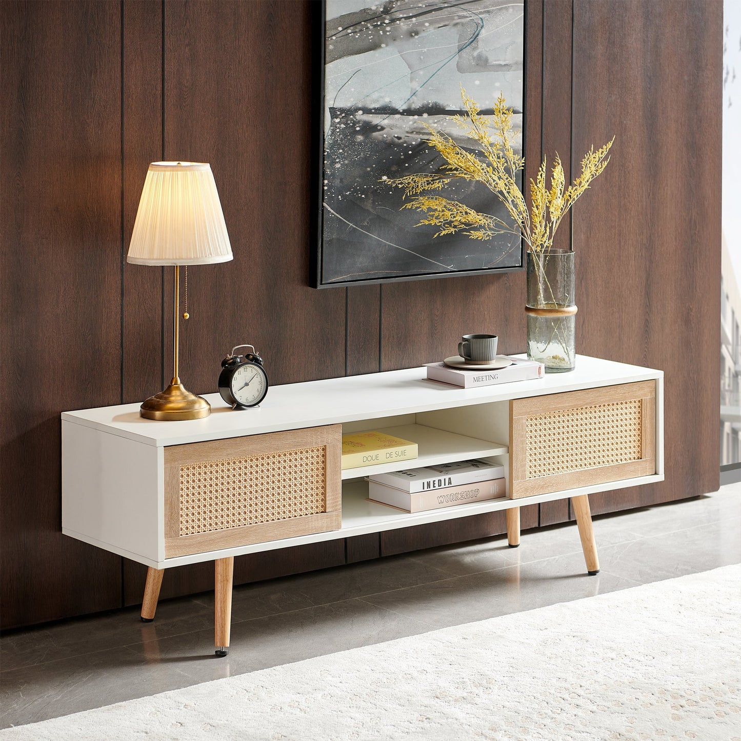Modern Rattan TV Cabinet with Double Sliding Doors, Adjustable Shelf, Solid Wood Legs, White, 55.12 inches