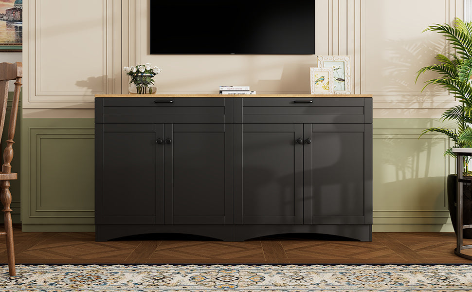 ON-TREND Farmhouse TV Stand with 2 Drawers for TVs Up to 70', Versatile Wood Grain Sideboard with Adjustable Shelves, Mid-Century Buffet Cabinet with Rustic Handles for Living Room/Bedroom, Black