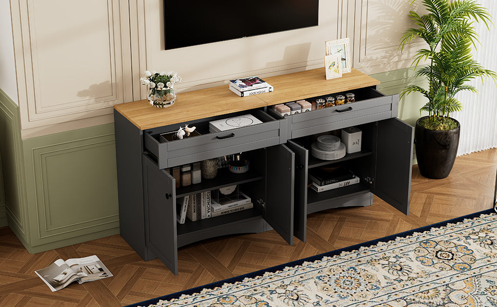 ON-TREND Farmhouse TV Stand with 2 Drawers for TVs Up to 70', Versatile Wood Grain Sideboard with Adjustable Shelves, Mid-Century Buffet Cabinet with Rustic Handles for Living Room/Bedroom, Grey
