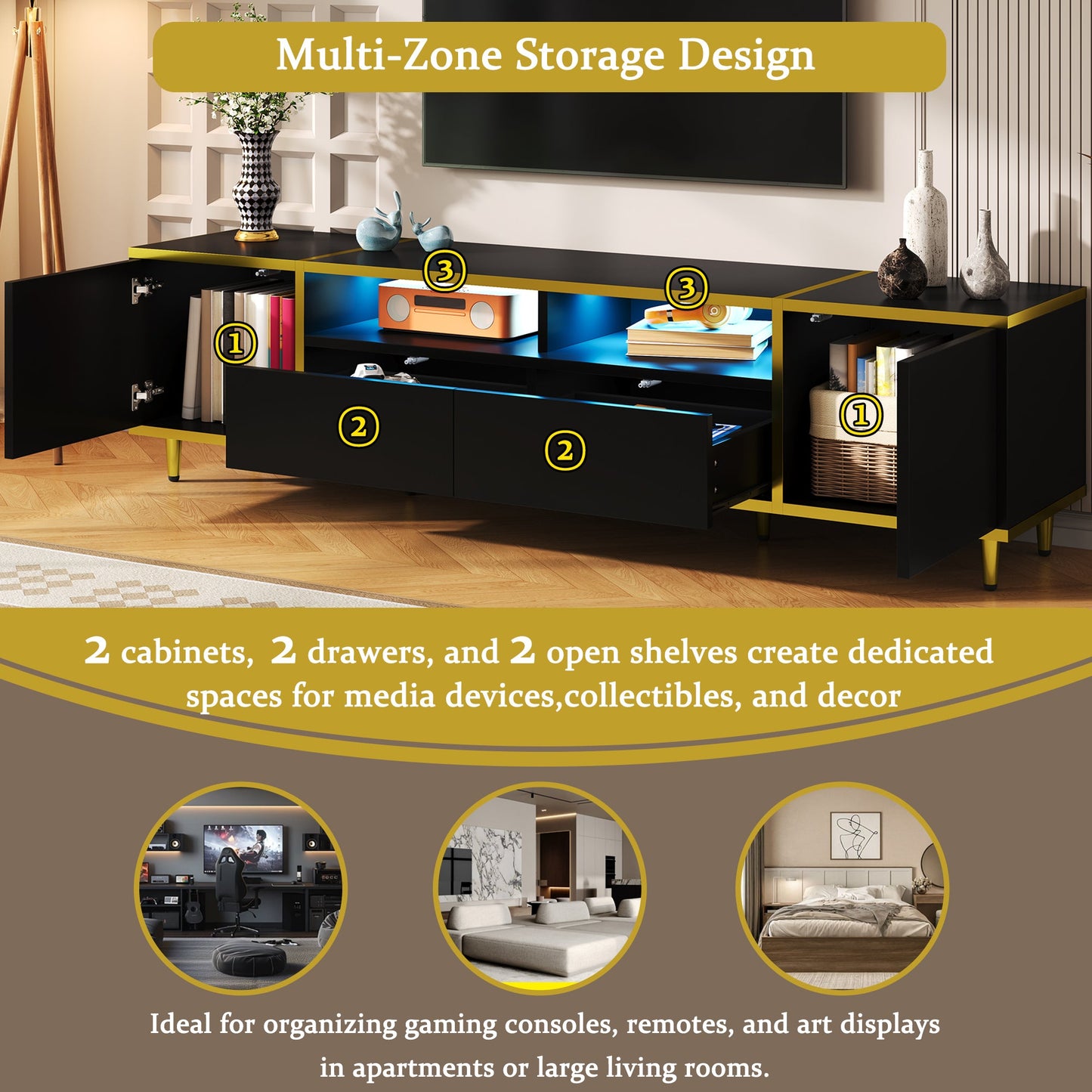 U-Can 70.9'' Modern TV Stand for TVs up to 80 Inches, Entertainment Center with 2 Shelves and LED Lights, TV Storage Cabinet with 2 Drawers, 2 Cabinets and Metal Legs for Living room