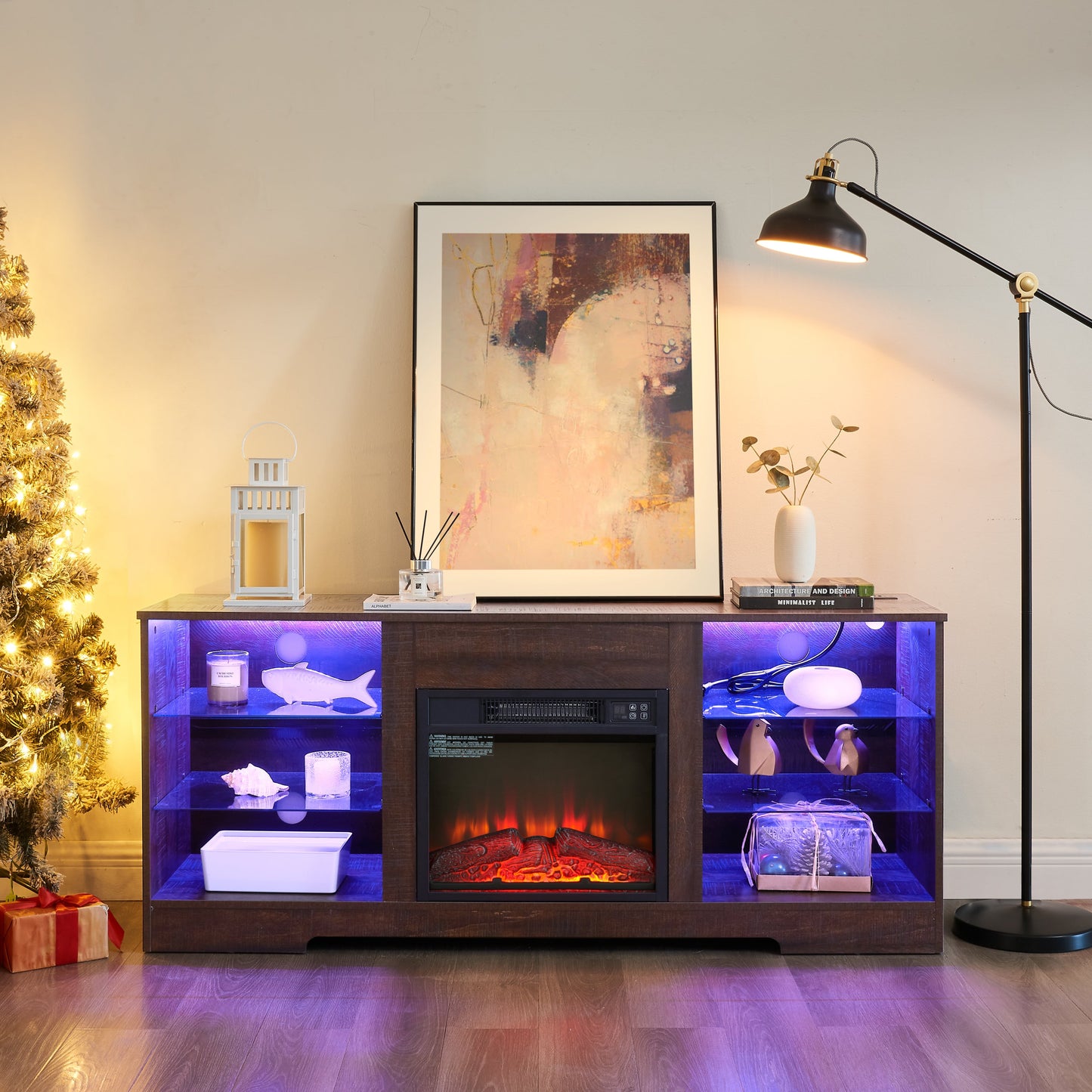 TV Stand Electric Fireplace  Glass Shelves, 3D Fireplace TV Stand with LED Lights Wood with USB Charging Outlet Modern Television Table Center for TV up to 62' ESP, 58''W*15.5''D*24.4