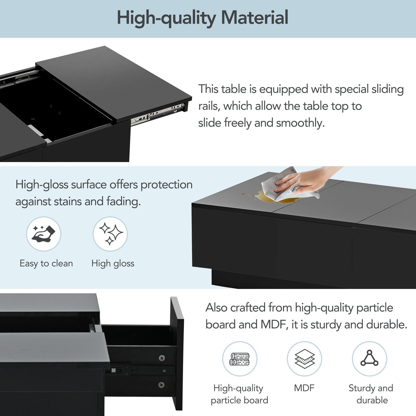 [VIDEO provided] ON-TREND Coffee Table with 2 large Hidden Storage Compartment, Extendable Cocktail Table with 2 Drawers, High-gloss Center Table with Sliding Top for Living Room, 39.3'x21.6', Black
