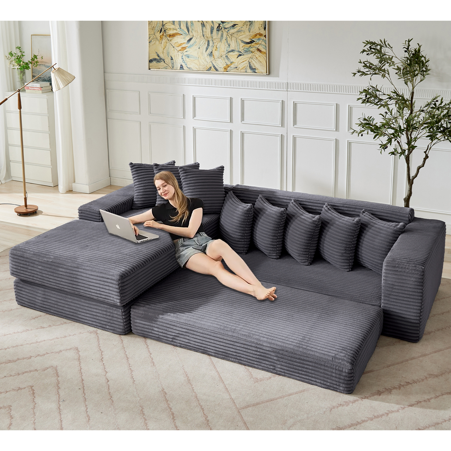 [NEW ARRIVED] [VIDEO PROVIDED] Oversize Cloud Couch, L-Shape Sofa, Convertible Floor Sleeper Sofa Bed, No Assembly ,Eight pillows,3-in-1,Side Pocket,(Left Facing Sofa),3 Seat,Corduroy,Dark Gray