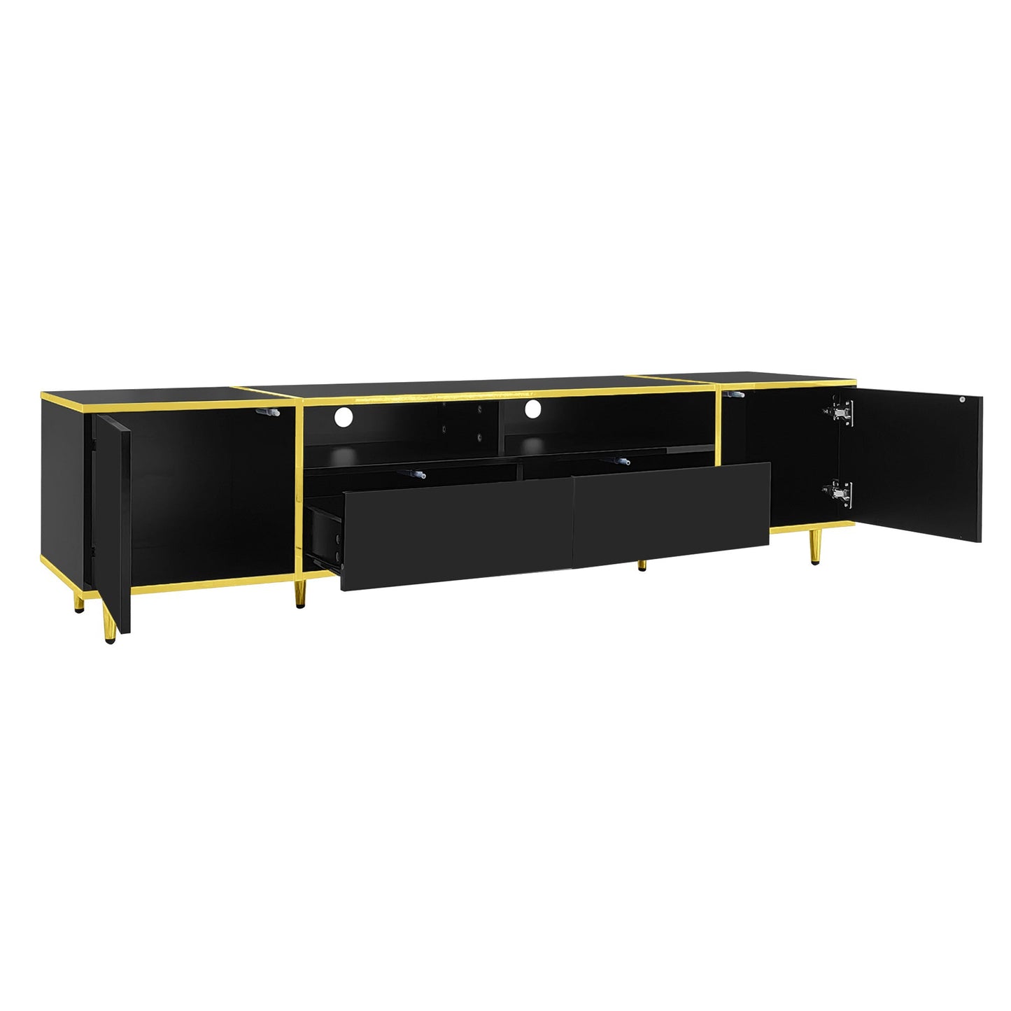U-Can 70.9'' Modern TV Stand for TVs up to 80 Inches, Entertainment Center with 2 Shelves and LED Lights, TV Storage Cabinet with 2 Drawers, 2 Cabinets and Metal Legs for Living room