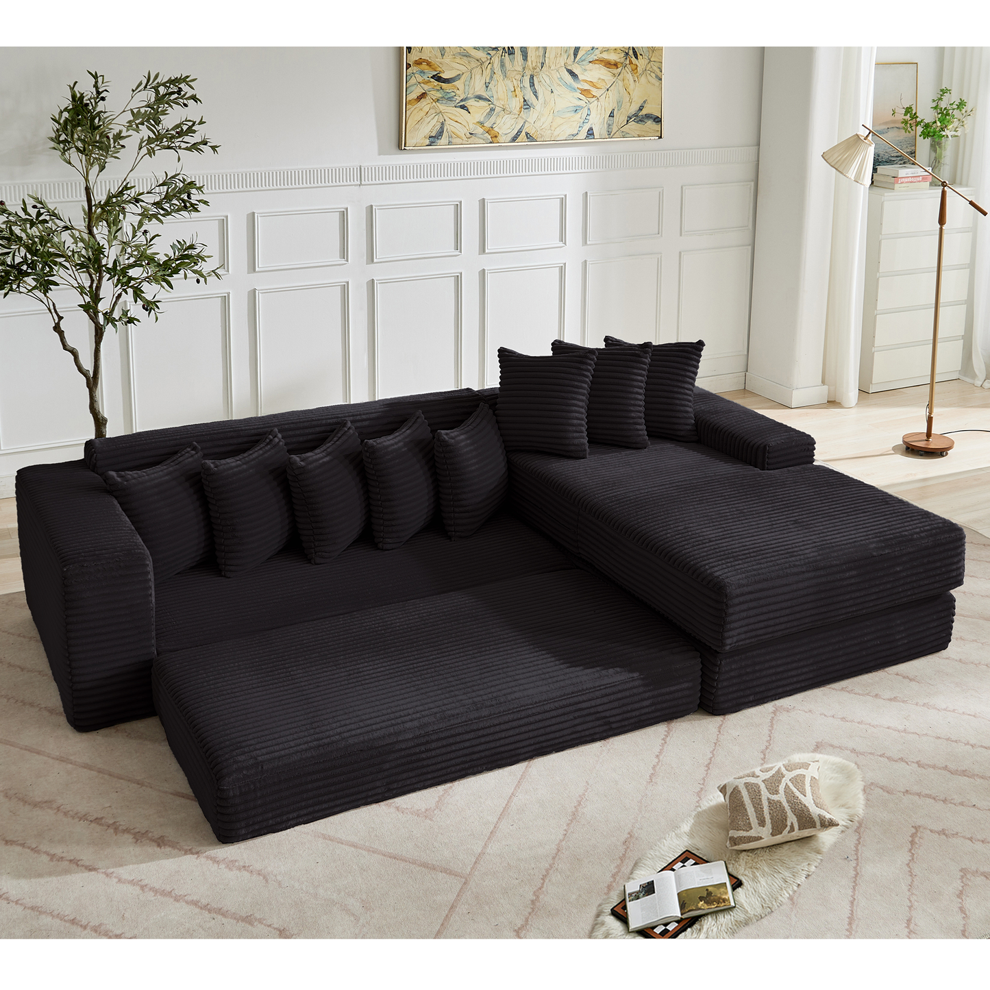 [NEW ARRIVED] [VIDEO PROVIDED] Oversize Cloud Sectional Couch, L-Shape Sofa, Convertible Floor Sleeper Sofa Bed, No Assembly,Eight pillows,3-in-1,Magazine bag,(Right Facing Sofa),3 Seat,Corduroy,Black