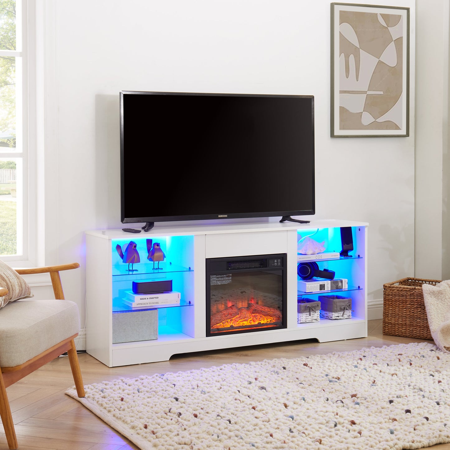 TV Stand Electric Fireplace TV Stand with Glass Shelves, 3D Fireplace TV Stand with LED Lights Wood with USB Charging Outlet Modern Television Table Center for TV up to 32-62' White 58''W*15.4''D*24.4