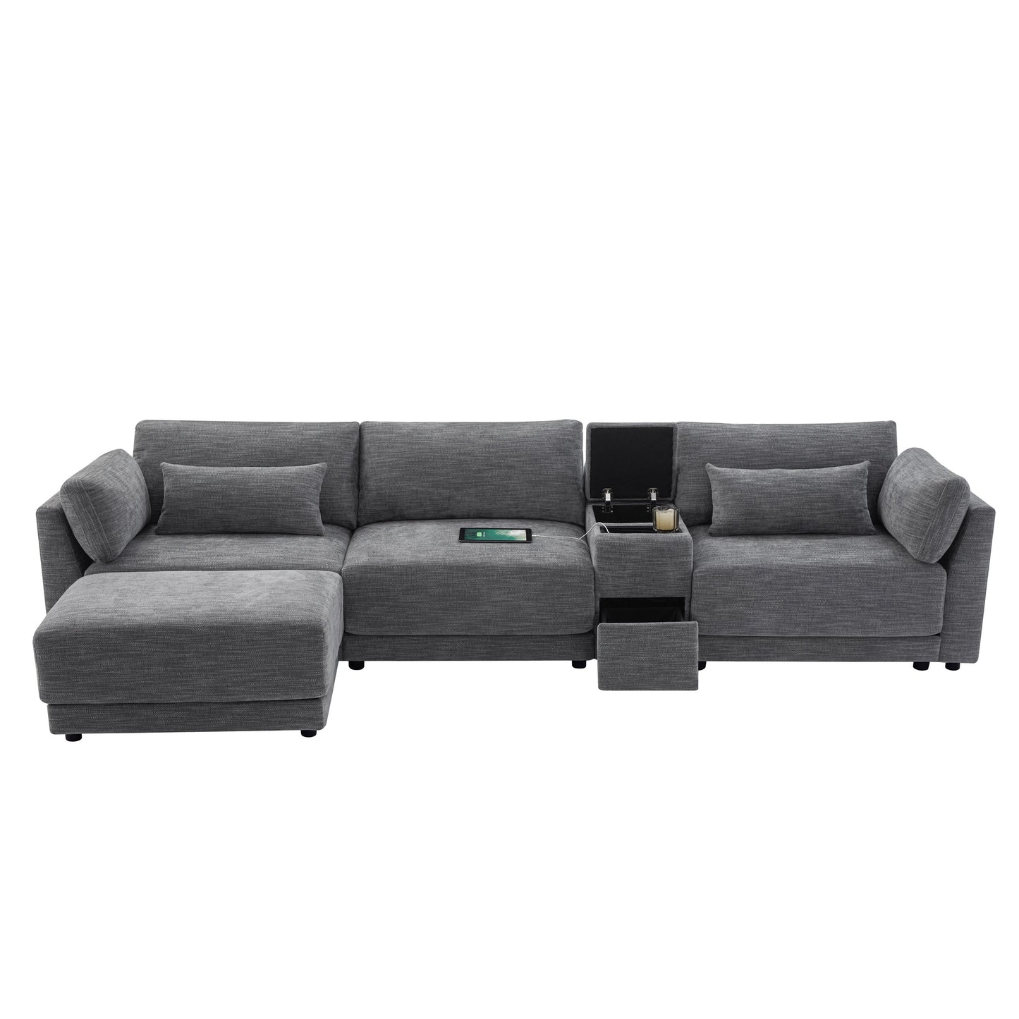 [VIDEO+NEW]124'' Modular Sectional Sofa with Storage Console and Movable Ottoman,33'' Wide Seat,4 Seat L Shaped Chenille Couch,Reversible Comfy Sofa with USB Charger for Living Room,Apartment,2 Colors