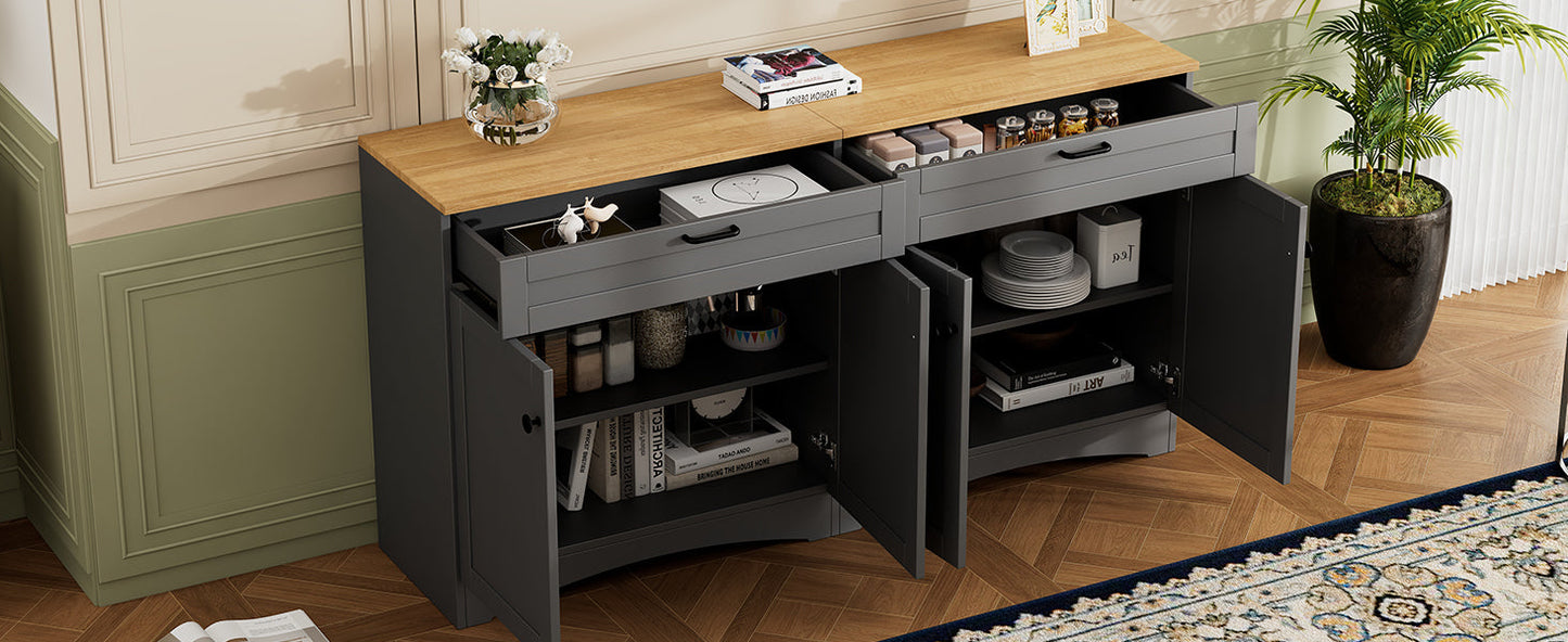 ON-TREND Farmhouse TV Stand with 2 Drawers for TVs Up to 70', Versatile Wood Grain Sideboard with Adjustable Shelves, Mid-Century Buffet Cabinet with Rustic Handles for Living Room/Bedroom, Grey