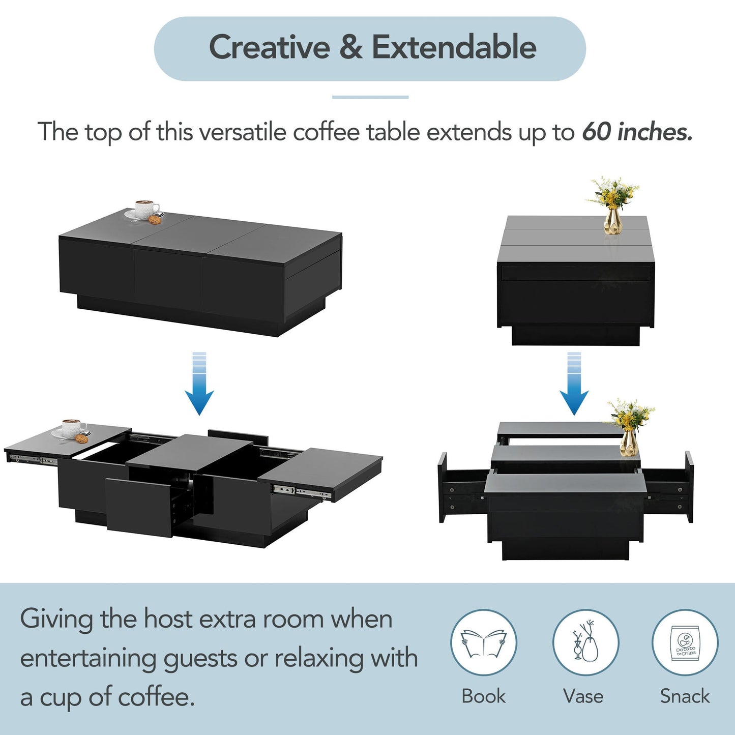[VIDEO provided] ON-TREND Coffee Table with 2 large Hidden Storage Compartment, Extendable Cocktail Table with 2 Drawers, High-gloss Center Table with Sliding Top for Living Room, 39.3'x21.6', Black