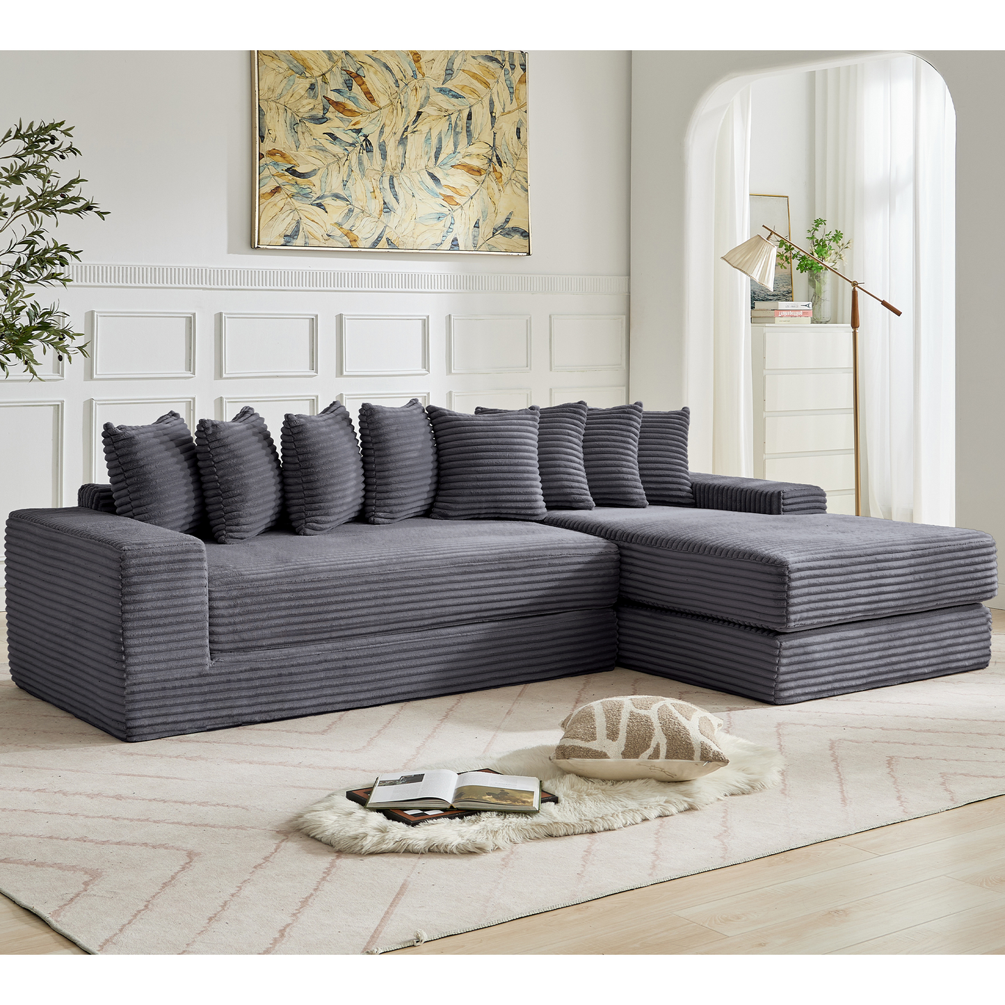 [NEW ARRIVED] [VIDEO PROVIDED] Oversize Cloud Couch, L-Shape Sofa, Convertible Floor Sleeper Sofa Bed, No Assembly ,Eight pillows,3-in-1,Magazine bag,(Right Facing Sofa),3 Seat,Corduroy,Dark Gray