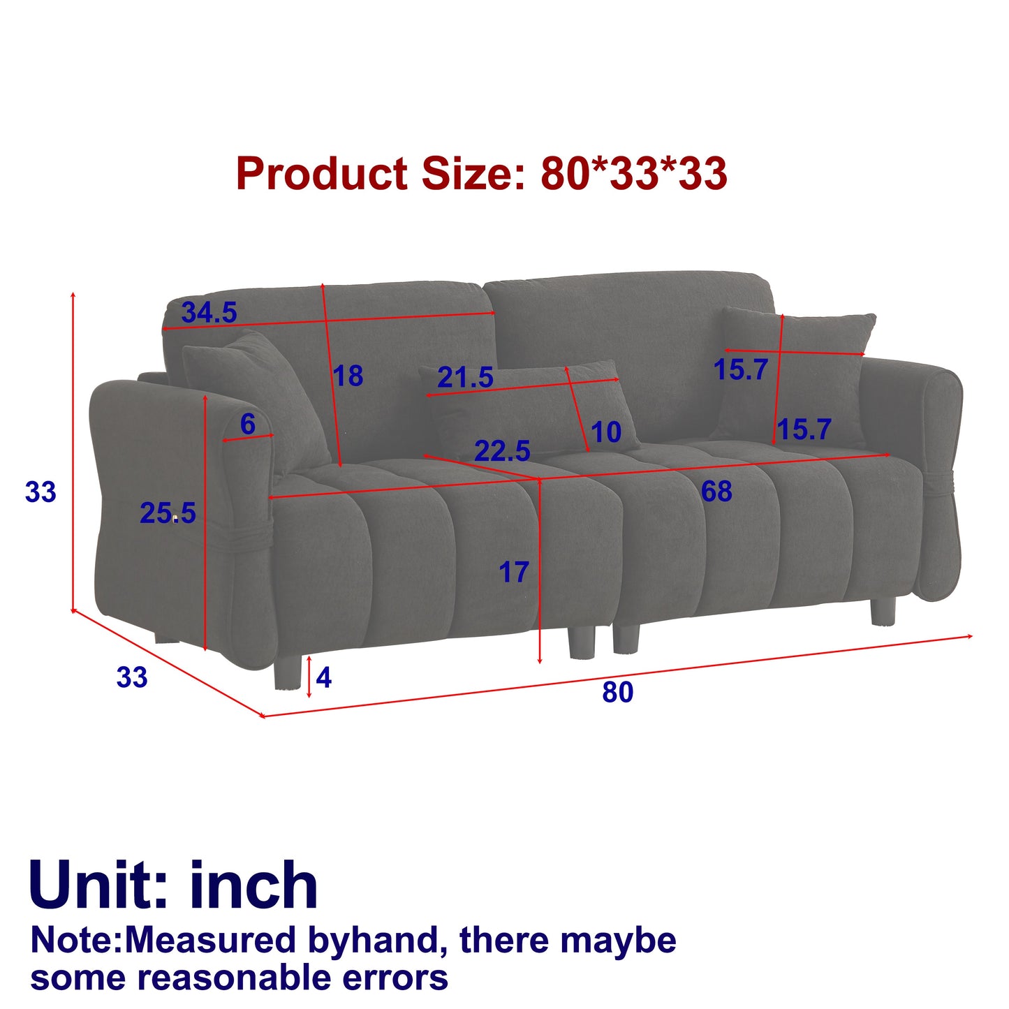 80''Premium chenille fabric sofa with 2 cushions and 1 lumbar pillow Armrest strap design,,upholstered 3-seater sofa  for living rooms, bedrooms,apartments and offices Grey