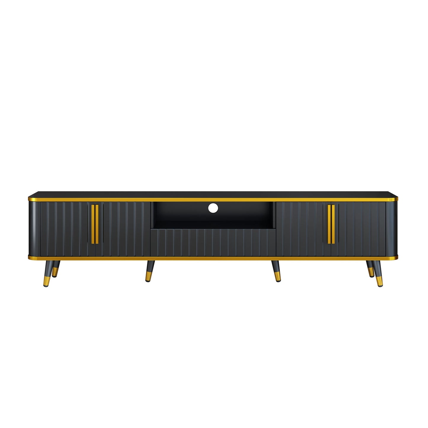 ON-TREND Luxury Minimalism TV Stand with Open Storage Shelf for TVs Up to 85', Entertainment Center with Cabinets and Drawers, Practical Media Console with Unique Legs for Living Room, Black