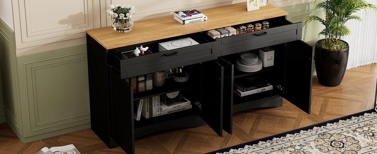 ON-TREND Farmhouse TV Stand with 2 Drawers for TVs Up to 70', Versatile Wood Grain Sideboard with Adjustable Shelves, Mid-Century Buffet Cabinet with Rustic Handles for Living Room/Bedroom, Black