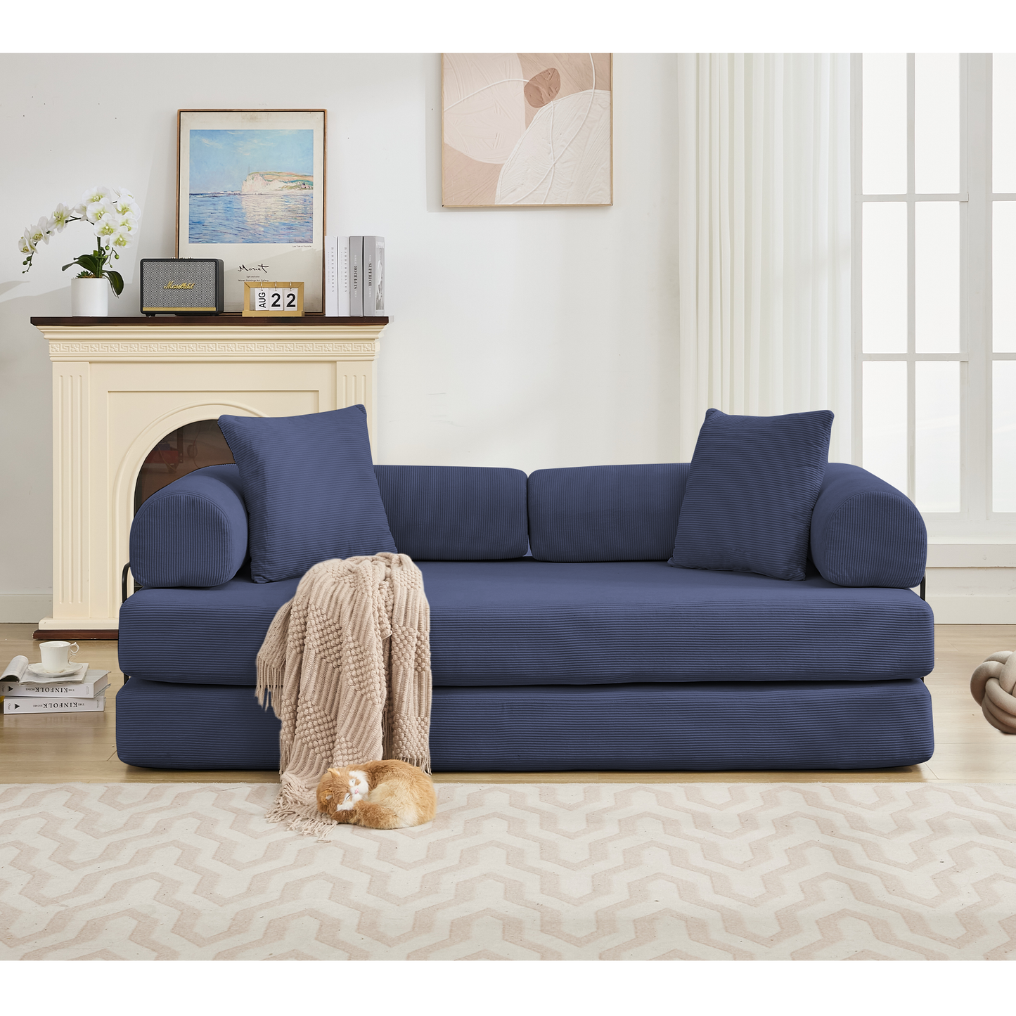 [NEW ARRIVED] [VIDEO PROVIDED] 78.5' Folding Convertible Out Sleeper Sofa Bed,4-in-1 DIY Combination Convertible Sofa,3 seat, Folding Sofa, King Size , Bedroom,Apartment,Corduroy,Blue
