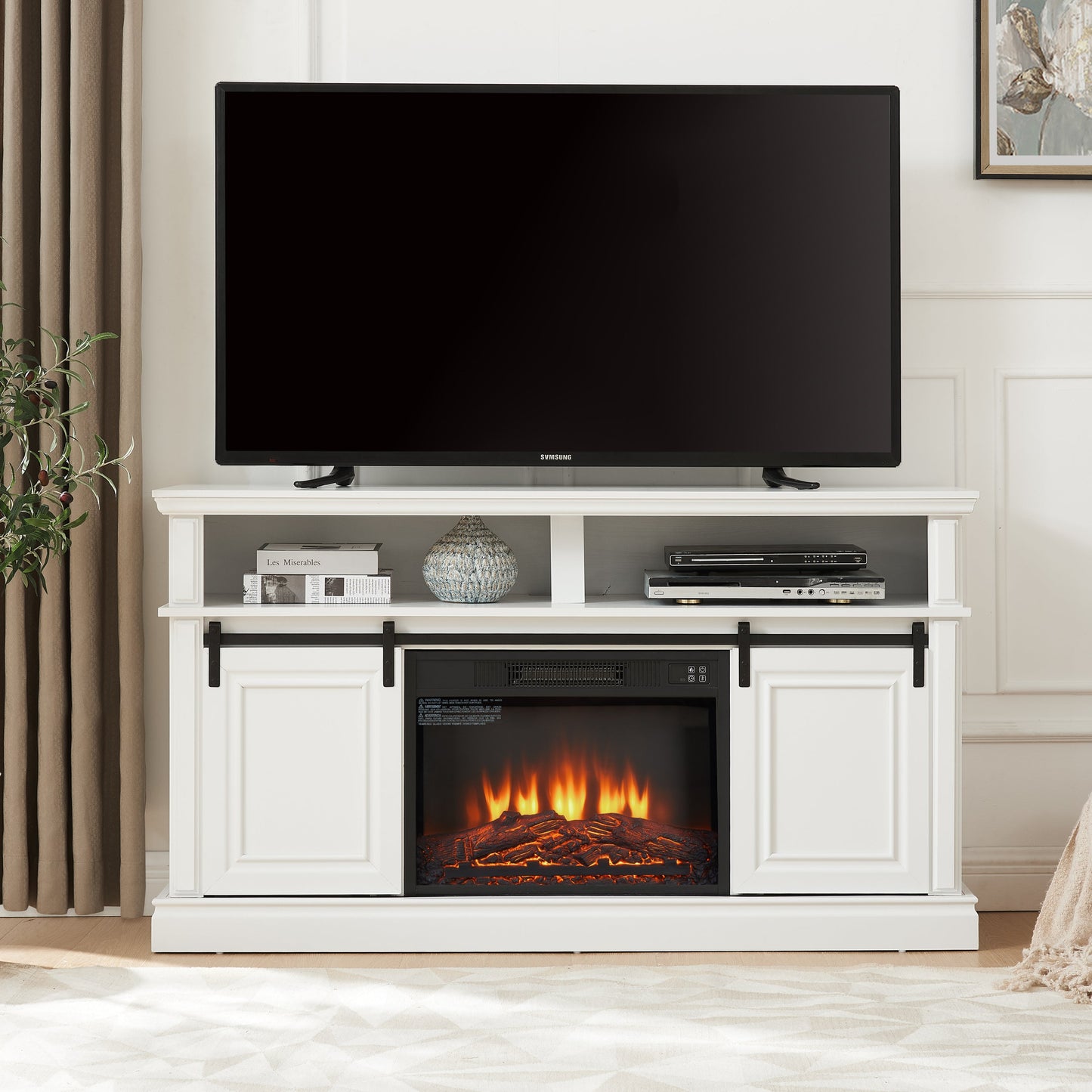 Media Console Table with Storage Cabinet, Mid Century Modern TV Console with 23' Fireplace Insert, Multipurpose Sliding Door TV Cabinet  Large Storage Space, 58.11'W*15.79'D*32.36'H Antique White