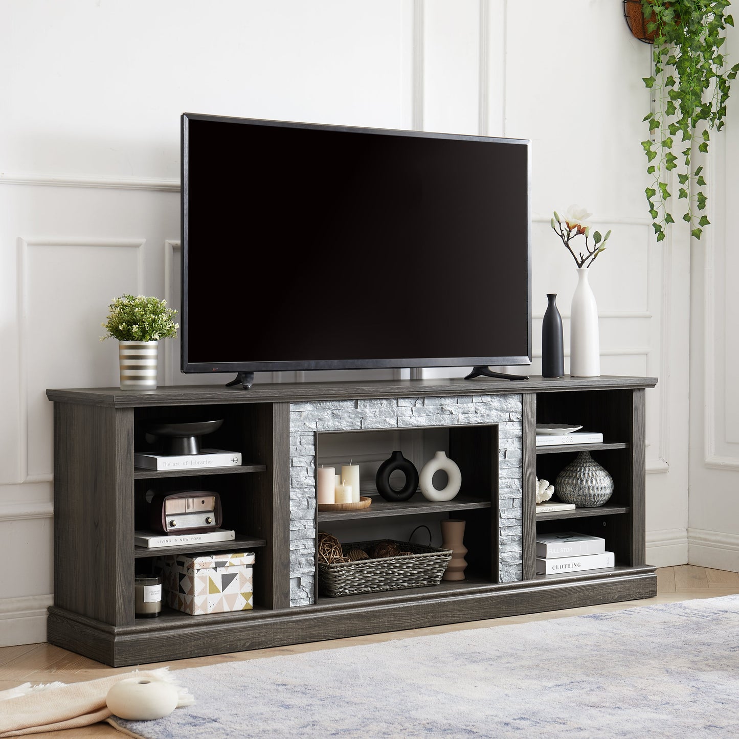 Large TV Stand TV Desk Storage Rack with Faux Stacked Stone Surround,Media Console Table with Large Storage Cabinet,Modern TV Media Entertaionment Stand,GREY, 70.12'W*15.35'D*25.83'H