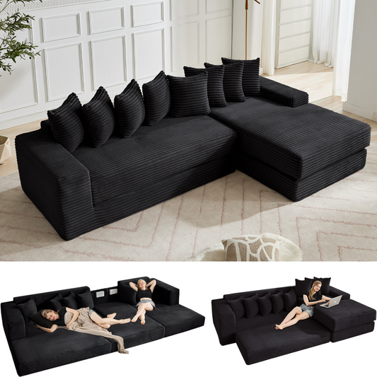 [NEW ARRIVED] [VIDEO PROVIDED] Oversize Cloud Sectional Couch, L-Shape Sofa, Convertible Floor Sleeper Sofa Bed, No Assembly,Eight pillows,3-in-1,Magazine bag,(Right Facing Sofa),3 Seat,Corduroy,Black