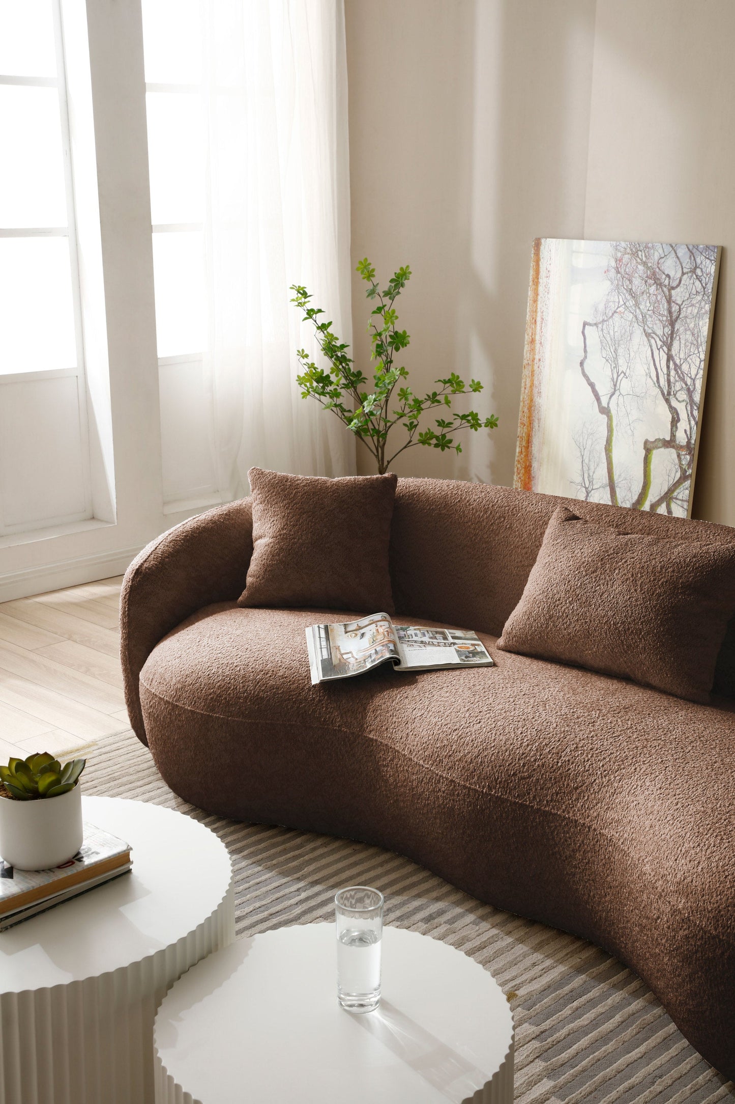 Mid Century Modern Curved Living Room Sofa,  Boucle Fabric Couch for Bedroom, Office, Apartment, Brown